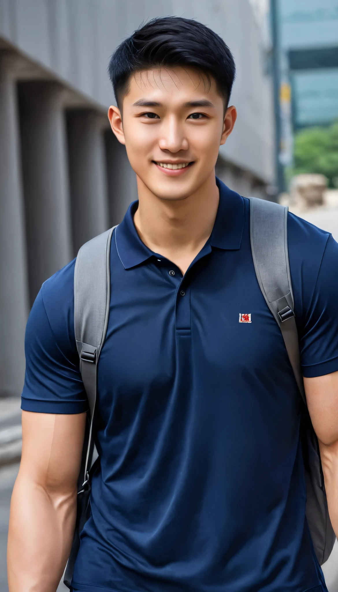 1boy, orimale ,Orimura, black_eyes, black_hair, male_focus, realistic ,  bright eyes  ,Smiling with white teeth, pretty neat, Buzz Cut Drop Fade , Handsome Chinese Man with a Little Mustache , is muscular ,blood vessel,Broad shoulders, Wear a navy polo shirt with short sleeves without a logo and jeans, (Backpack:1.2)