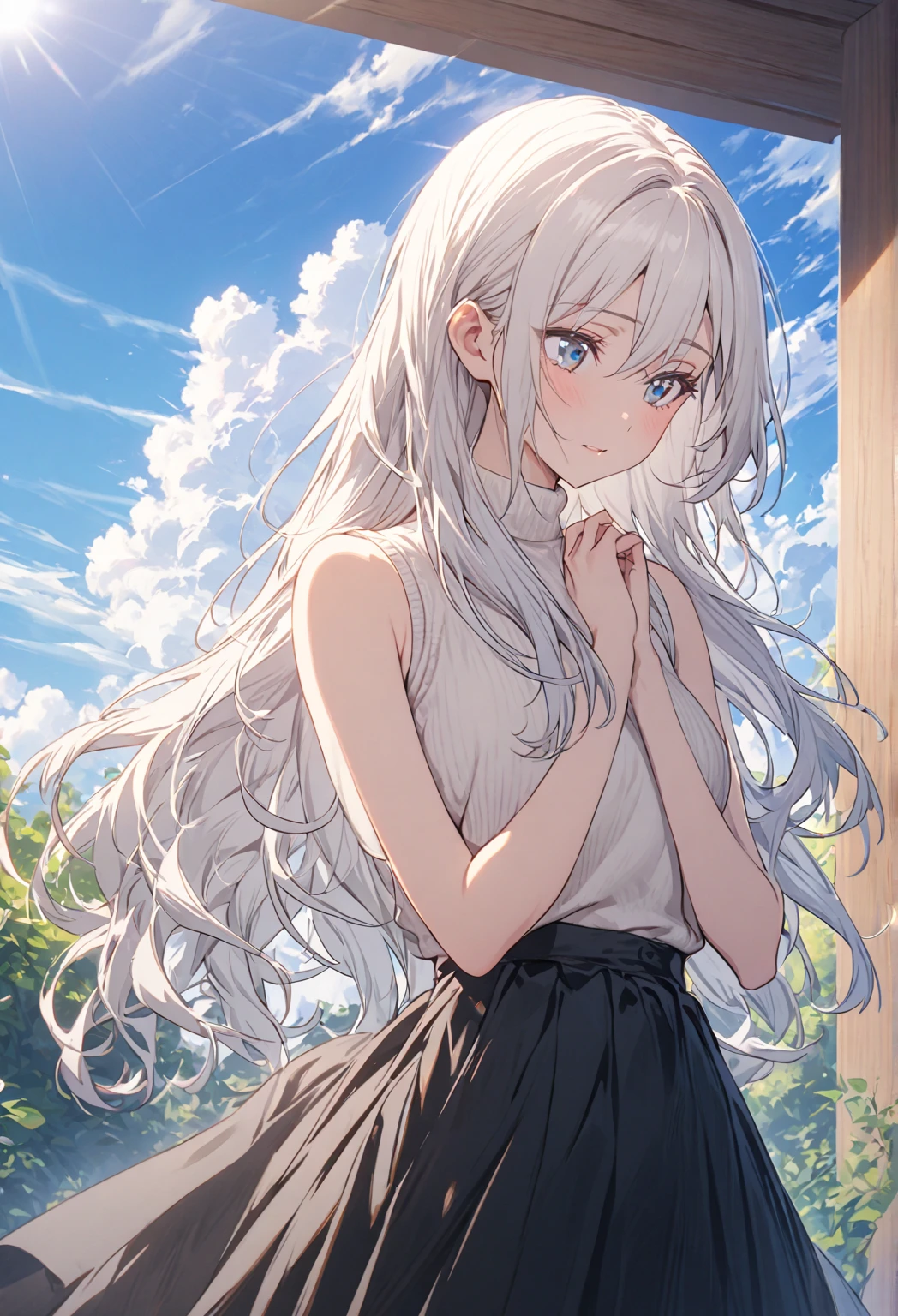 solo, 1 girl, motherly expression, blue eyes, elegant, white hair, (long hair), cloud, sky, blue sky, comfy environment, sunny environment, warm environment, sleeveless white sweater, black Maxi Skirt:1.3, standing alone