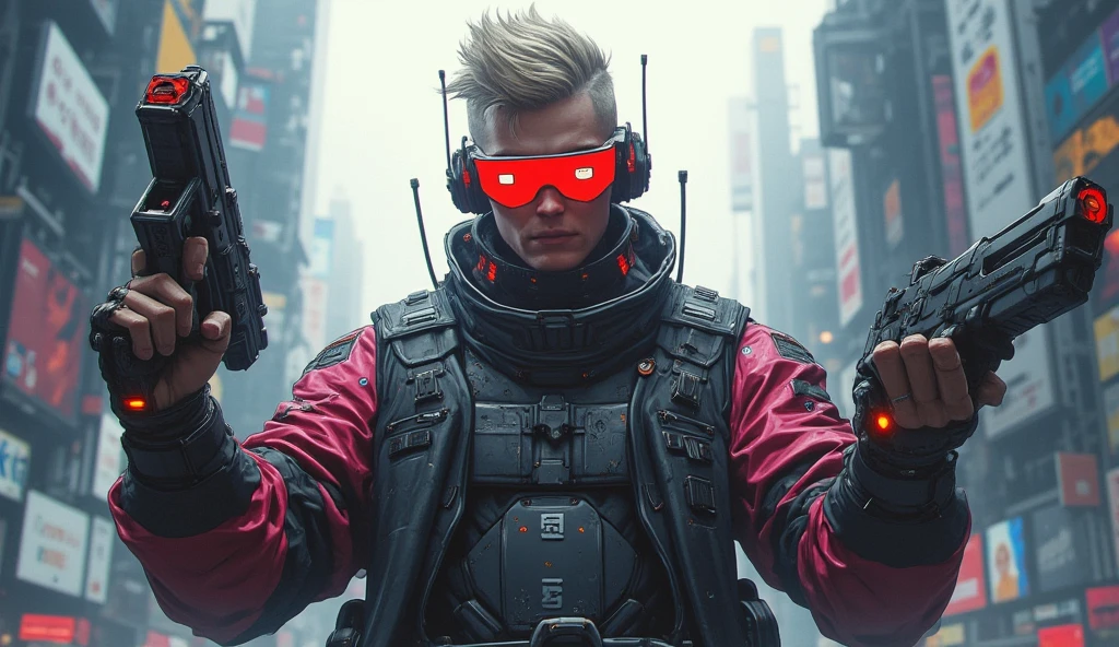 an cyberpunk male with side shaved hair and wearing digital red glasses and cyberweres and armors, he posing like an heroic god in perspective view, he is in a spatial depth of field, his hands are spread out and holding a cyber pistols in his hands, the camera angle is slightly from bellow, Style is from Devil May Cty