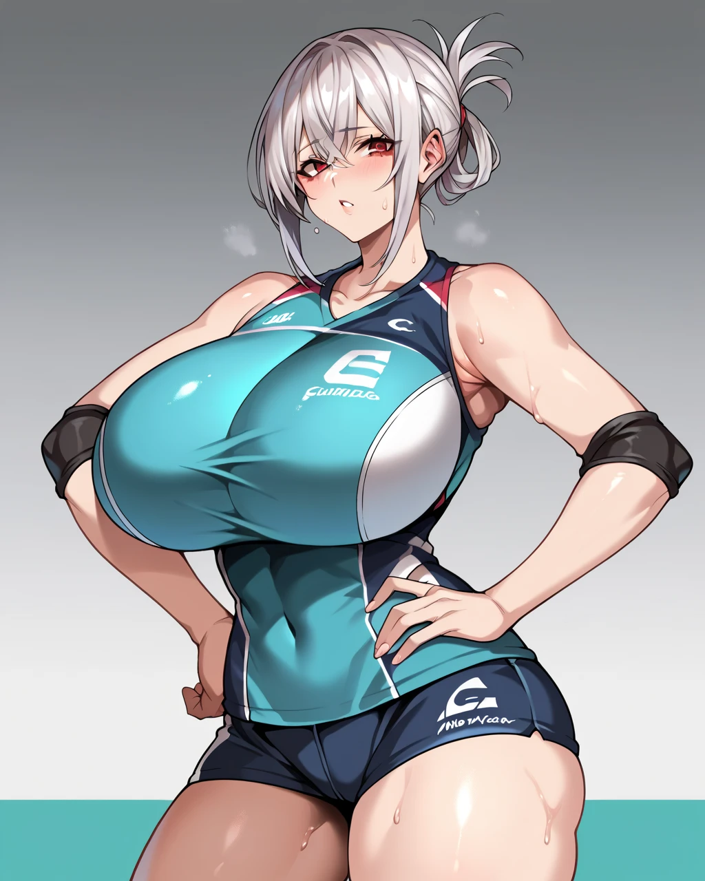  score_9,  score_8_up,  score_7_up, source_anime,  Light Background , looking at viewer,  cowboy shot,  from the front,  1 woman, blue volleyball uniform, black shorts, ((( huge breasts))), (((Thick legs))), folded ponytail, crossed bangs,  Silver Hair, Red Eyes, sweat