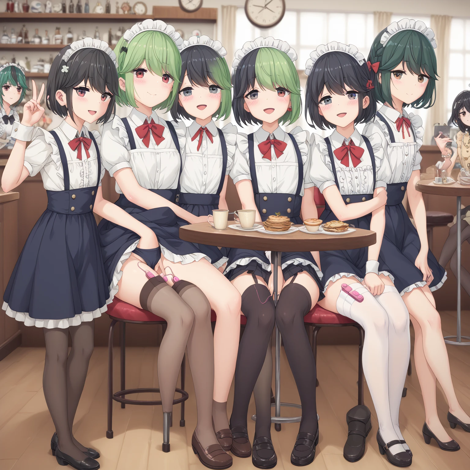  (8k), (   very detailed), (    best illustration   ), Cafe。   black hair。 Shima Rin。Five Women。 College Student 。  maid outfit  。.  flat chested。  short hair 。   big red ribbon barrette。 four-leaf clover with green hair 。 one woman flips over her skirt and sits with her legs spread。一人の女は私を向いて vaginal vibrator in the cityを入れて四つん這い。One woman is fingering vaginal 。One woman lies face down and flips her skirt 。 vaginal vibrator in the city