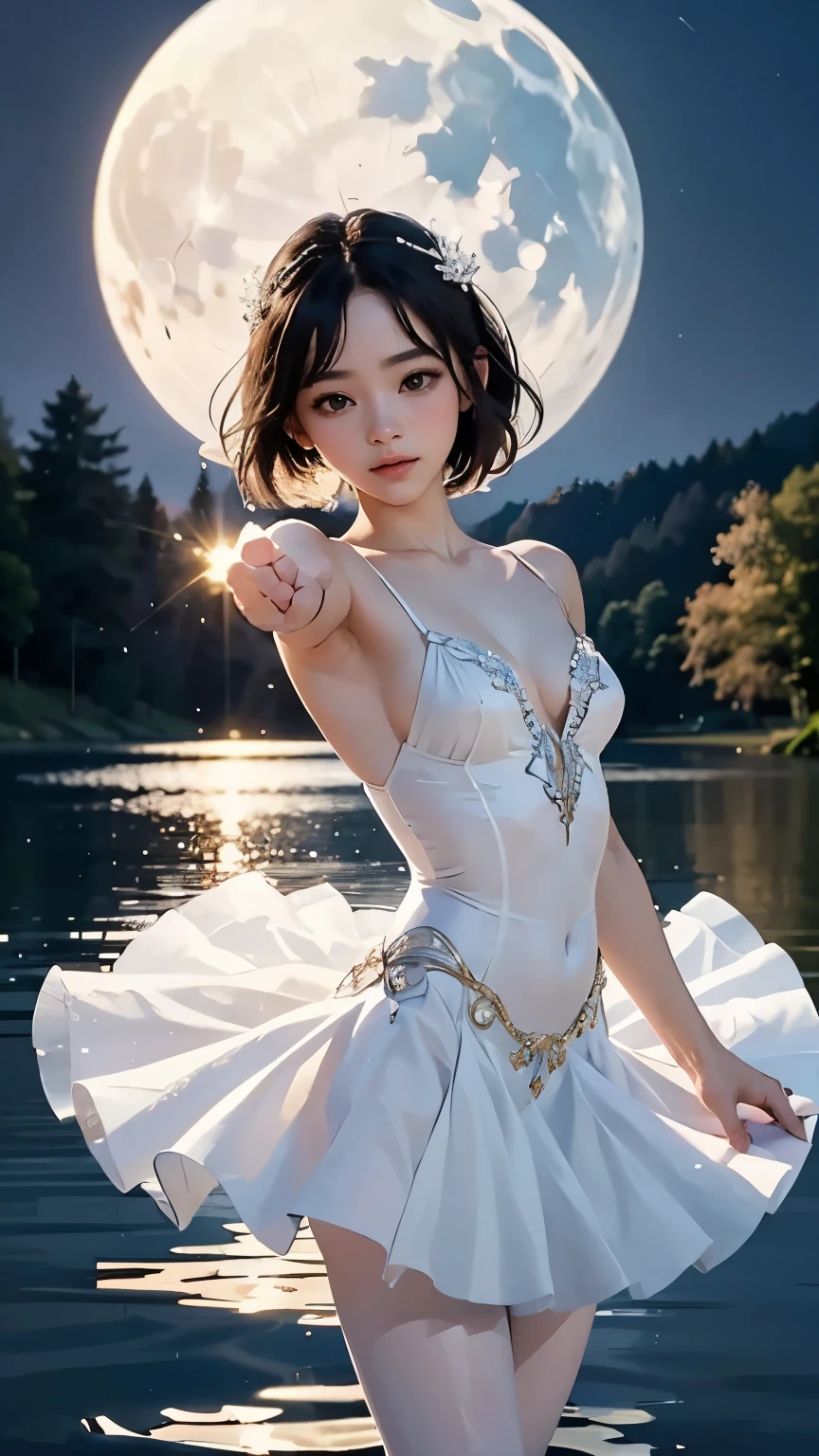 ( A quiet twilight lake shining in the moonlight 、Draw a scene of a lake )、( A beautiful young woman is dancing ballet on the surface of the water)、(Draw the whole body)、 dressed in intricate details 、 Actually, a young woman is an incarnation of a swan 、 draw details accurately、 her supple figure 、Gracefully、 A tutu with a beautiful design 、Reflects like a mirror on the lake surface 、masterpiece、wallpaper、 High Quality 、High image quality、8k、