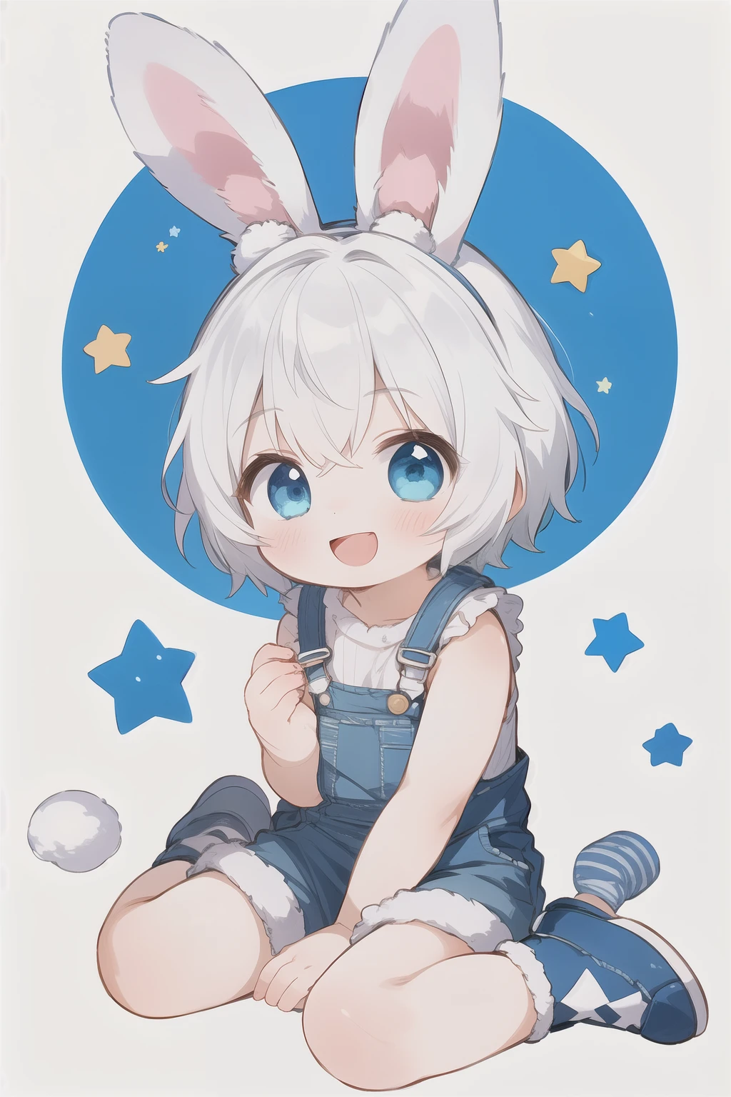 1 Boy, Animal ears,  white hair , Short hair, rabbit, Open your mouth, Smile, rabbit， blue eyes,  looking at the audience , :d, whole body,  Simple Background , Electronic style , stripe， blush, Argyle, Star (symbol)，Blue powder，overall，Blue powder色，whole body展示