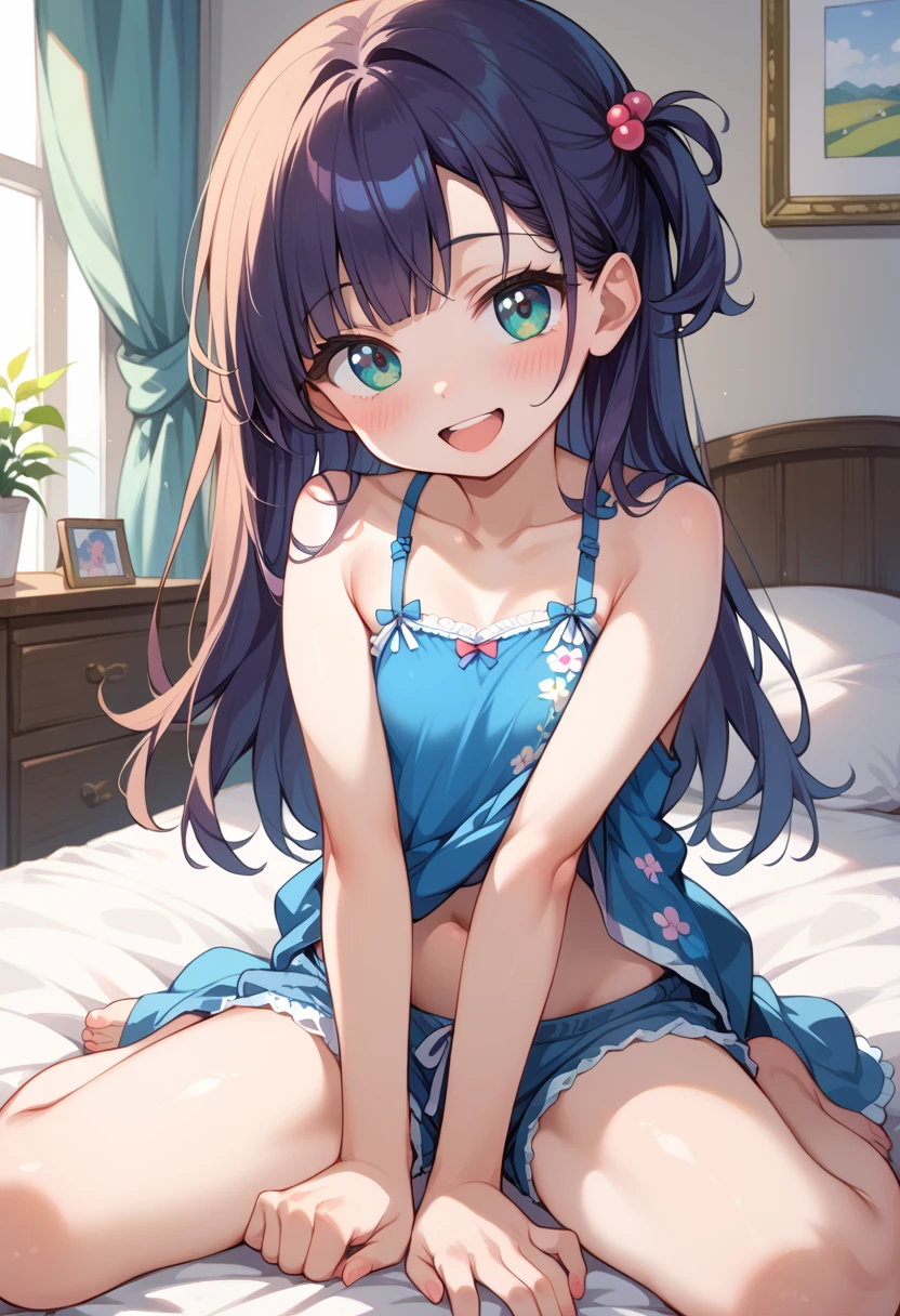 (( best quality)), ((masterpiece)), (be familiar with),  perfect face, indoor, bedroom,  viewer,
One woman,  Gamemun Neko ,
 open mouth,  ecstatic expression with hands in front of body, blush, smile,
Small breasts,  flat chested, Young girl, Lori,  ,  girl,
 long hair,  Long Hair,
Leg spread,