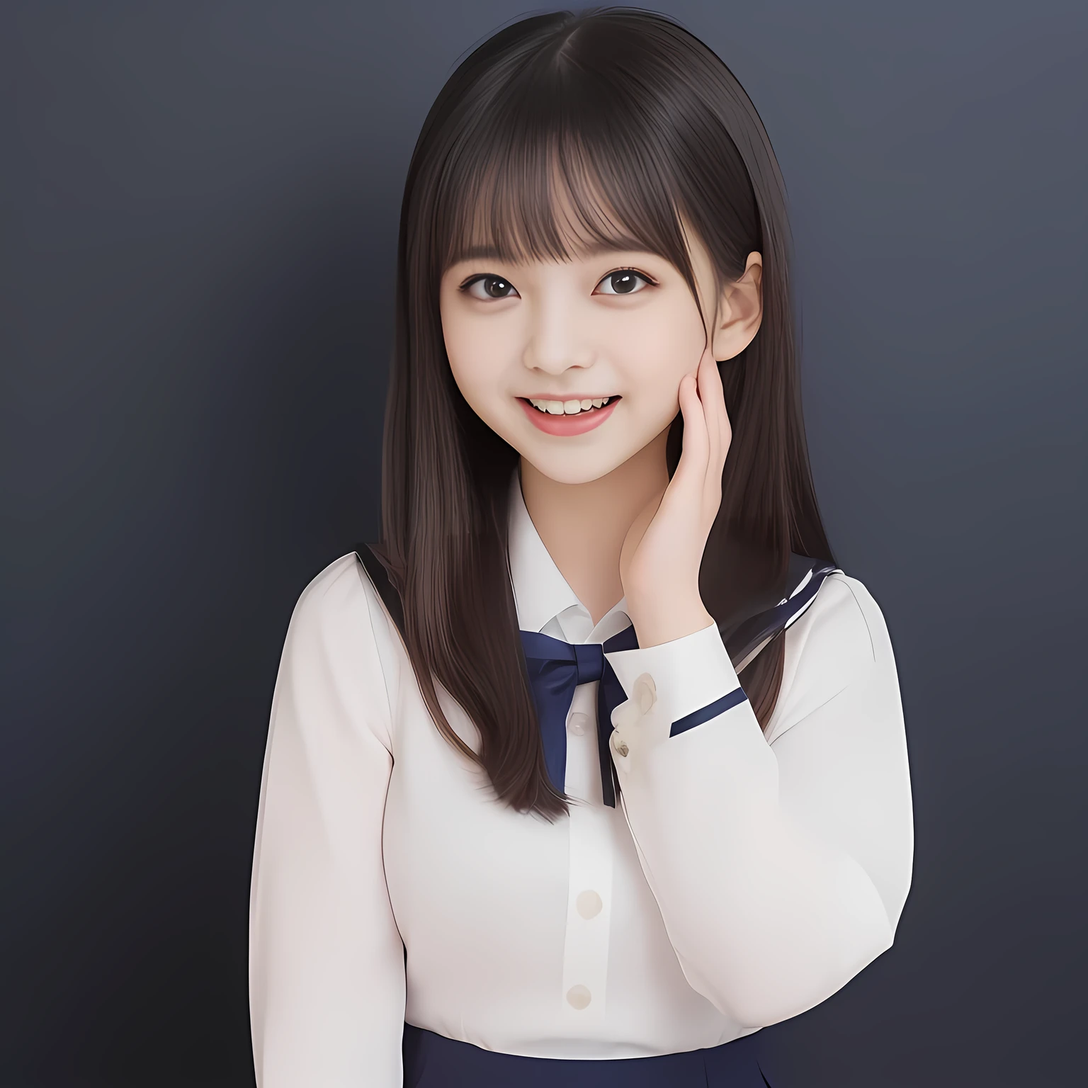 (Highest quality, masterpiece:1.2), Highest quality, High resolution, 1080P, 8k, (Two **** Japanese slender 清楚美少女アイドル are seated and give strong subliminal sexual invitation and temptation, undressing navy uniform, cute skirt with beautiful knees, looking at the viewer, can't stop showing cute smile open mouth because of feeling the viewer too ridiculous, very white-white face, very proud of her long straight black hair, using face-whitening cosmetics, **** 美少女's eyes, Small pupils, laughing giggling most open mouth, too expensive navy sailor-styled school uniform, well-straitened super-long well-trimmed long hair, evenly neatly trimmed girly cute bangs: 1.5), (Laughing blushed cheeks with dimples), (Well-balanced, impressive, very intelligent, double-eyelids, black shining large eyes of **** 美少女 with detailed: 1.5), ((Beautiful well-figured glossy opened laughing lips: 1.2)), (mature breast), (The viewer is forced to madly kiss her breast ribbon), (Very beautiful, super-glossy, cute neat black amazingly long hair, straight well-done long hair-style: 1.3), (plain blue background: 1.6), (((Completely balanced beautiful big cool eyes: 1.3))), (eyes, face and hair are especially beautifully detailed and beautifully drawn: 1.5), (She makes the viewer drink her love ribbon: 1.2), (the viewer become crazy and can't stop bursting and running every liquid to 清楚美少女, 美少女 is surprised : 1.7), (School uniform, too-cute slender 13歳 super-long-hair Japanese 童顔美少女 idol twins are laughing at me and unties the breast button and make the viewer drink it: 2.0), (Super long hair super-beautiful 美少女 super-cute face navy-sailor-suit school-uniform pretty slender 美少女 of 美少女 photo magazine in the 1990s: 2.0), (Inevitable subliminal invitation and temptation force the viewer fall into eternal deep deep unreal pleasure of 童顔清楚美少女の坩堝: 2.0)