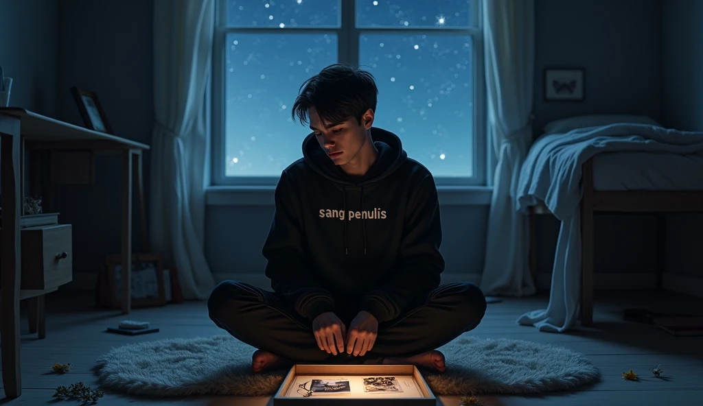 Prompt:
A hyper-realistic scene set in a dimly lit bedroom, with a large window framing a clear, starry night sky. The young man with short, neatly styled hair that gives him a strong and masculine look sits cross-legged on the floor, wearing a black hoodie with "SANG PENULIS" printed on it, paired with black jeans. In front of him is an open box filled with mementos: an old photograph, a worn bracelet, and a dried flower, each item carefully placed as if holding a story of its own. His face is illuminated by the soft glow of starlight streaming through the window, reflecting a mix of nostalgia and quiet sorrow. The room feels intimate, with subtle details like scattered books, a cozy bed, and faint shadows cast by the soft light, creating a deeply emotional and reflective atmosphere.