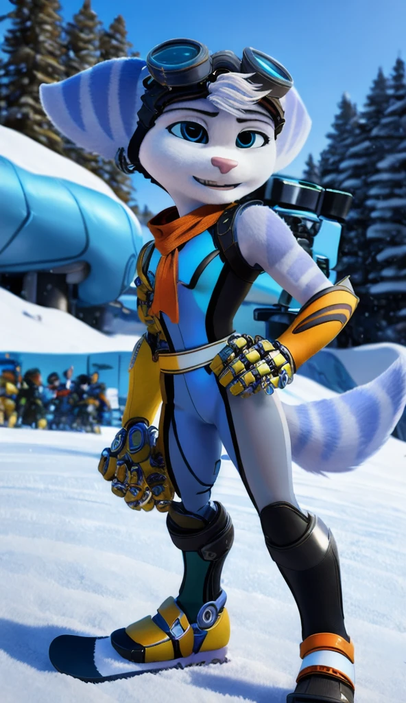 Rivet, tail, furry, 1girl, young, solo, (yellow cybernetic protease on the right shoulder), (thick, pink and blue ski suit), standing at ski park, detailed body fur, detailed body, detailed eyes, detailed face, athletic, skinny, high quality, masterpiece, small breasts, goggles, :D, looking at you, full body, (elastic waistband), (climaxing), 