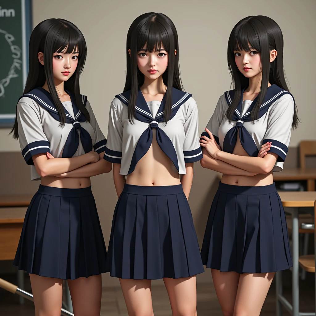 Four girls in uniform stood side by side, Female Student, 校服,Super skirt,stockings,Perfect legs,Slender legs,high-heels,Super masterpiece,Highest image quality,Delicate face,Perfect face,finely-detailed eyes,oversized tits