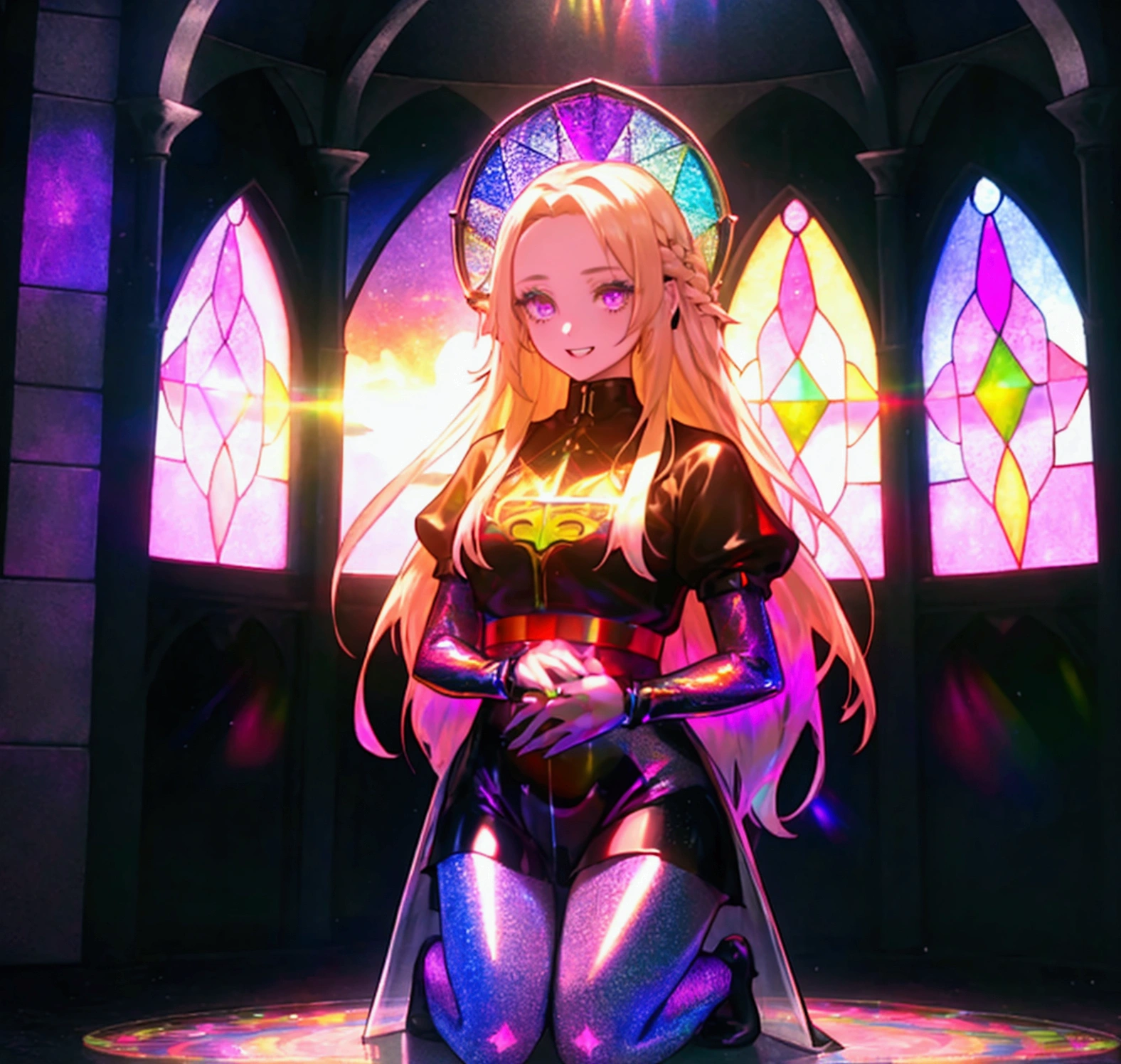 A girl offering a prayer、The background is a sunset sunset 、 medieval cityscape with basket、Inside the kaleidoscope、 Stained Glass Background 、Legendary Scenery 、 Mythical Scenery Unfolds、The cathedral shines brightly、red and green contrast 、Path of Light、 Edelgard in black armor, wearing black tights ,((  Holographic  )), （I can see the fangs、Double teeth、 wore black tights  ( transparent PVC clothing , transparent colored vinyl clothing , : 1.2。prism, Holographic , Color Difference, fashion illustration), （Mean face、 red eyeliner that makes a striking impression、  cold eyes 、  has long eyelashes） Purple Eyes,  long hair,  blonde hair( Holographic :1.2), Refined and elegant ,  3d rendering ,, Looking at the Audience , pixib,movie lighting,  very detailed,  Clear Focus 