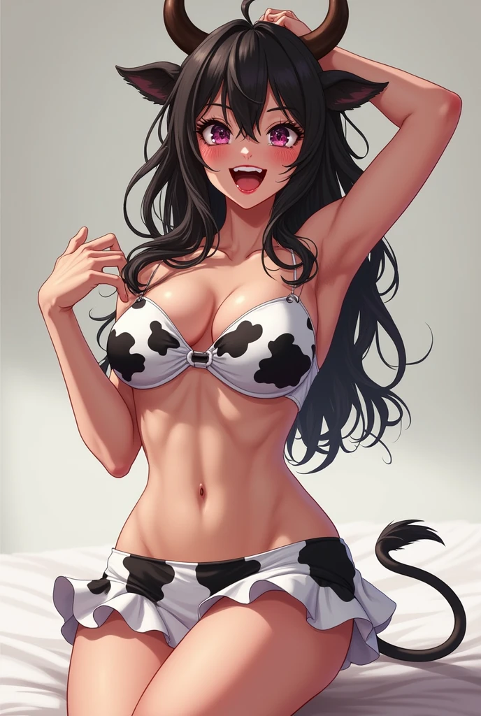 illyasviel von einzbern, 1girl, solo, long hair, breasts, looking at viewer, blush, bangs, red eyes, navel, animal ears, hair between eyes, bare shoulders, closed mouth, collarbone, swimsuit, white hair, bikini, thighs, small breasts, outdoors, horns, sky, day, collar, blue sky, , bell, fake animal ears, animal print, neck bell, cow print, cow ears, cow horns, ear tag