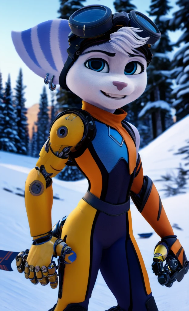 Rivet, tail, furry, 1girl, young, solo, (yellow cybernetic protease on the right shoulder), (thick, pink ski suit), standing at ski park, detailed body fur, detailed body, detailed eyes, detailed face, athletic, skinny, high quality, masterpiece, small breasts, goggles, :D, looking at you, full body, (elastic waistband), (climaxing), 