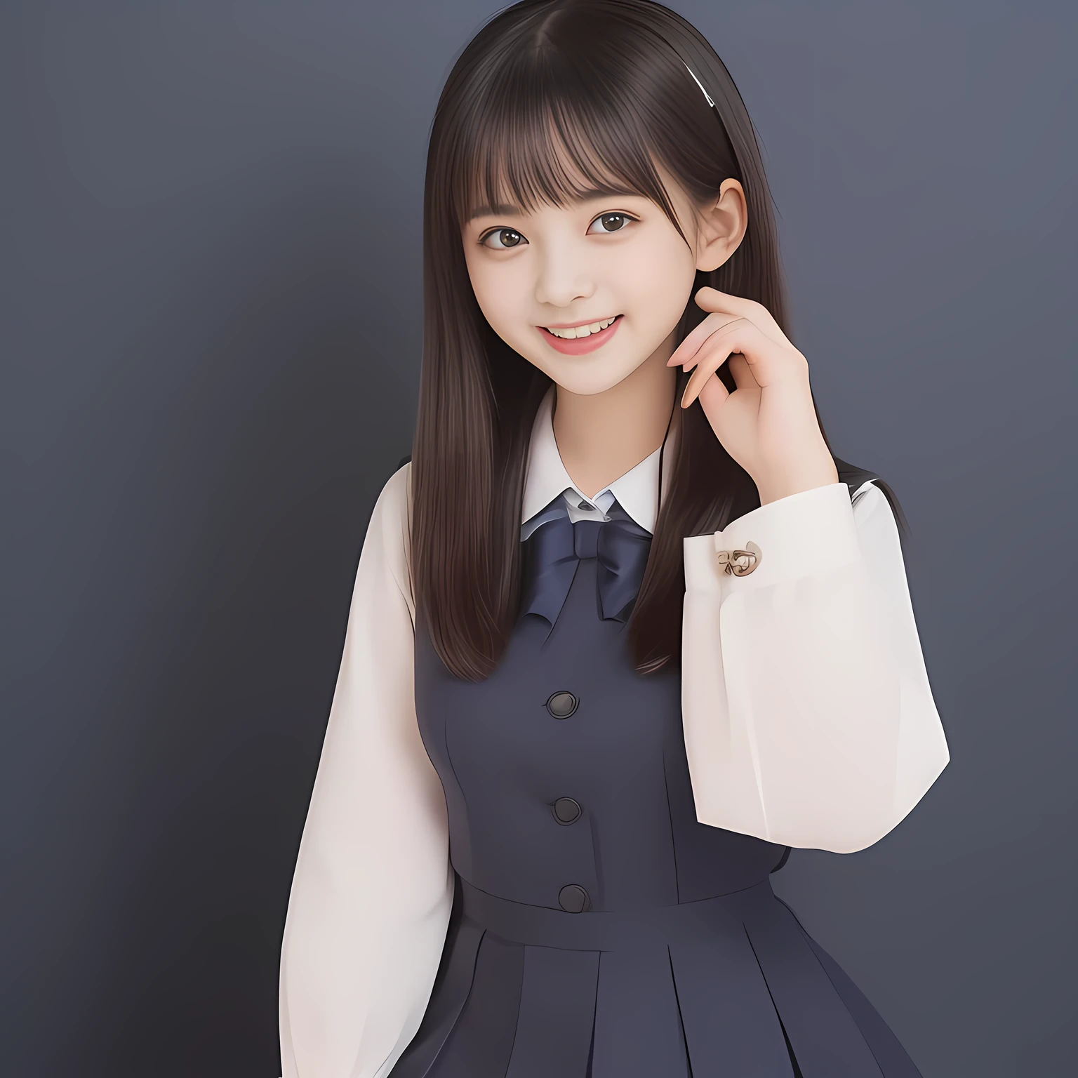 (Highest quality, masterpiece:1.2), Highest quality, High resolution, 1080P, 8k, (Two 13yo Japanese slender 清楚美少女アイドル are seated and give strong subliminal sexual invitation and temptation, undressing navy uniform, cute skirt with beautiful knees, looking at the viewer, can't stop showing cute smile open mouth because of feeling the viewer too ridiculous, very white-white face, very proud of her long straight black hair, using face-whitening cosmetics, 13yo 美少女's eyes, Small pupils, laughing giggling most open mouth, too expensive navy sailor-styled school uniform, well-straitened super-long well-trimmed long hair, evenly neatly trimmed girly cute bangs: 1.5), (Laughing blushed cheeks with dimples), (Well-balanced, impressive, very intelligent, double-eyelids, black shining large eyes of 13yo 美少女 with detailed: 1.5), ((Beautiful well-figured glossy opened laughing lips: 1.2)), (mature breast), (The viewer is forced to madly kiss her breast ribbon), (Very beautiful, super-glossy, cute neat black amazingly long hair, straight well-done long hair-style: 1.3), (plain blue background: 1.6), (((Completely balanced beautiful big cool eyes: 1.3))), (eyes, face and hair are especially beautifully detailed and beautifully drawn: 1.5), (She makes the viewer drink her love ribbon: 1.2), (the viewer become crazy and can't stop bursting and running every liquid to 清楚美少女, 美少女 is surprised : 1.7), (School uniform, too-cute slender 13歳 super-long-hair Japanese 童顔美少女 idol twins are laughing at me and unties the breast button and make the viewer drink it: 2.0), (Super long hair super-beautiful 美少女 super-cute face navy-sailor-suit school-uniform pretty slender 美少女 of 美少女 photo magazine in the 1990s: 2.0), (Inevitable subliminal invitation and temptation force the viewer fall into eternal deep deep unreal pleasure of 童顔清楚美少女の坩堝: 2.0)