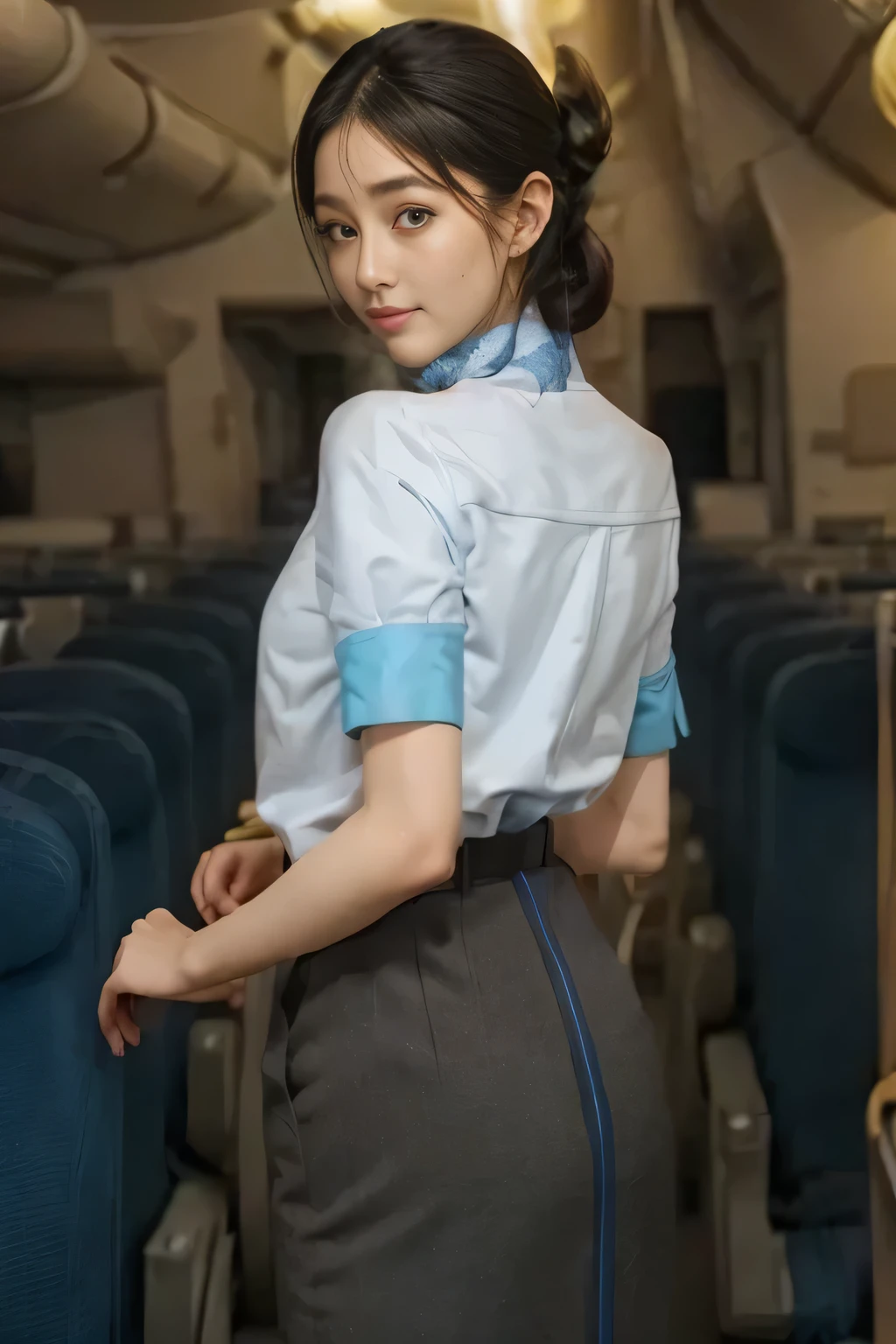 (masterpiece:1.2,  best quality:1.2), 32kHDR,  high resolution for loosely aligning the legs , (Alone、  1 girl)、（ Rooftop of a building during the day 、 Professional Writing ）、  in the background of the roof of the building  、（ANA cabincrew uniform blueを着たリアルスタイル）、（（ ANA flight attendant uniform blue short sleeve blouse  、 ANA flight attendant uniform blue skirt with blue lines on the back、 Scarf around the neck ））、  lots of dark brown hair  、（  long hair、Hair tied up、Hair tied up,  braid summary hair  ）、  lots of dark brown hair  、Long Hit、Big Breasts、Thin legs、（（ Amazing hands ：2.0）），（（  harmonious physique with the roof of the building in the background  ：1.5）），（（Normal limbs：2.0）），（（The usual ：2.0）），（（  delicate eyes ：2.0）），（（Normal eyes：2.0））)、smile、（ANA cabincrew uniform blueを見せた美しい後ろ姿）、Hands folded under the body  