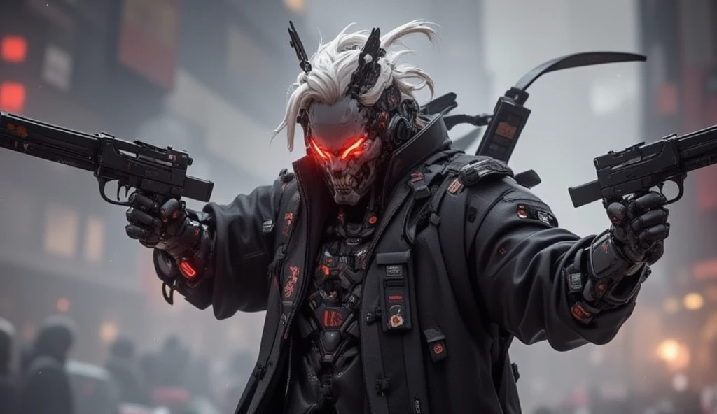 an cyberpunk male with side shaved hair and wearing digital red glasses and cyberweres and armors, he posing like an heroic god in perspective view, he is in a spatial depth of field, his hands are spread out and holding a cyber pistols in his hands, the camera angle is slightly from bellow, Style is from Devil May Cty