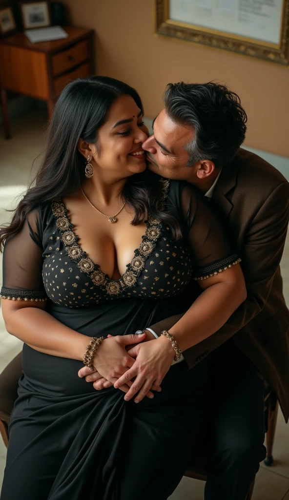 A srilankan women lakshmi chubby 40 year old wearing a pink nighty which is sleeveless ,low neck and also length upto knee sitting in the living room sofa talking with a gentle man formal dressed and lean to the front shows her white bra inside