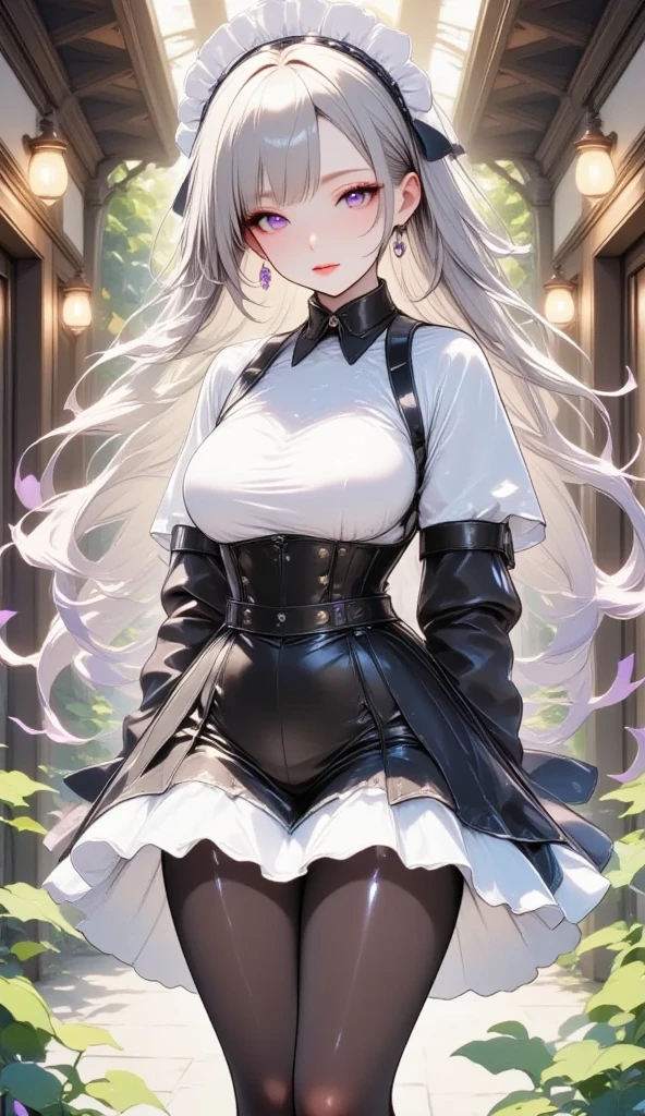  Young Beautiful Woman,( best quality, very detailed depiction , Incredibly Absurd High Resolution),(Black and white gothic maid outfit,Maid Skirt, corset, black tights,Black boots),( Silver Hair, hair up to the shoulders,Purple Eyes, half closed his eyes :1.3, grumpy expression:1.3,Black lips:1.5,Heavy makeup, big breasts, shiny skin), full body image :1.3, side view:1.5,profile:1.5,background:Castle, Bright Atmosphere ,Pose to welcome guests, dramatic lighting ,