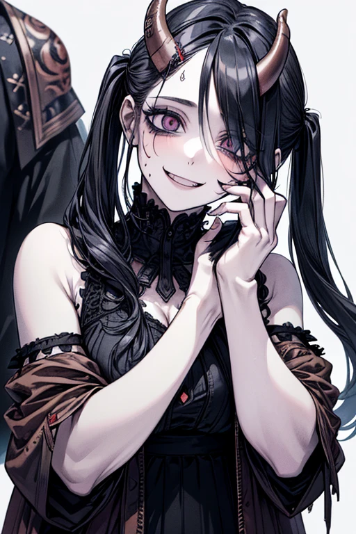 (masterpiece:1.2, Highest quality), (Actual Photos, Intricate details), (1 female, alone, Upper Body, Small breasts) ,With eyes wide open、Scary atmosphere、Distorted facial expressions、Twisted smile、Bleeding from the head、Blood splatter、whole body、Punk Fashion、Long Hair、Long bangessy hair、Black Hair、(((Dark circles under the eyes)))、Pale skin、Feeling unwell、Pathological、Wicked Smile、Crazy Eyes、(Grin)Dramatic makeup,Create mixed media art、White Background