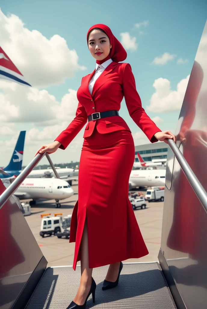 Indonesian-asian woman (( Red long-sleeved flight attendant shirt )). (( Red Islamic hooded )). (( Red long skirt . red shoes)). (( Standing feet touching the ground )) ((Walking striding up the stairs of the plane)).  Airplane airport background . . Background of many airplanes . (( Detailed legs )). ((Detailed hands ))