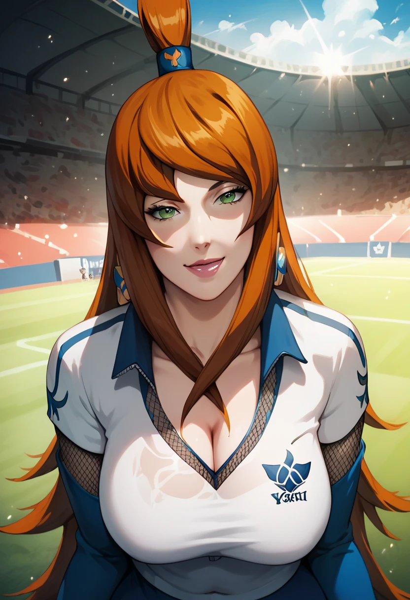 Woman,age 30, mature woman, 
Mei Terumi, ,on the stage playing yugioh,in soccer clothing ,looking at you,