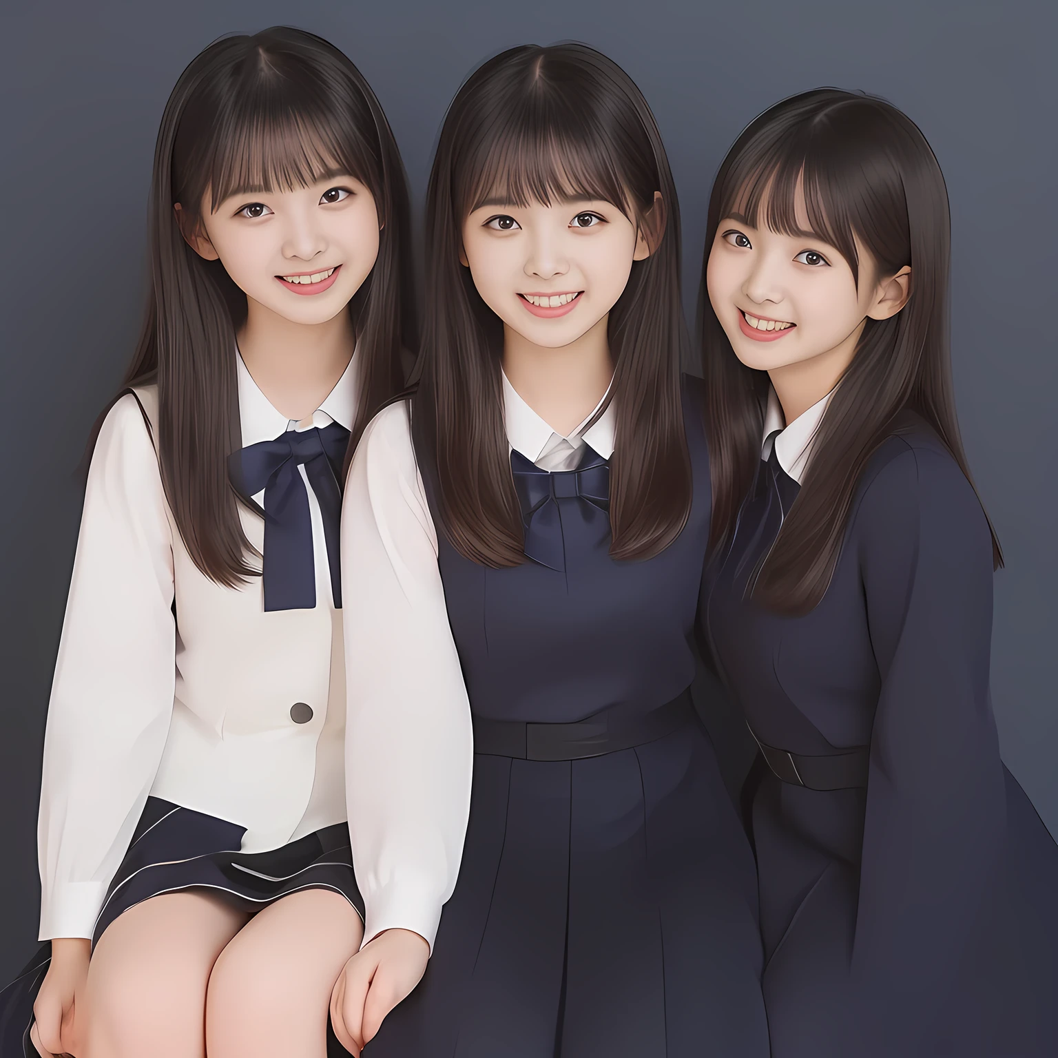 (Highest quality, masterpiece:1.2), Highest quality, High resolution, 1080P, 8k, (Two 13yo Japanese slender 清楚美少女アイドル are seated and give strong subliminal sexual invitation and temptation, undressing navy uniform, cute skirt with beautiful knees, looking at the viewer, can't stop showing cute smile open mouth because of feeling the viewer too ridiculous, very white-white face, very proud of her long straight black hair, using face-whitening cosmetics, 13yo 美少女's eyes, Small pupils, laughing giggling most open mouth, too expensive navy sailor-styled school uniform, well-straitened super-long well-trimmed long hair, evenly neatly trimmed girly cute bangs: 1.5), (Laughing blushed cheeks with dimples), (Well-balanced, impressive, very intelligent, double-eyelids, black shining large eyes of 13yo 美少女 with detailed: 1.5), ((Beautiful well-figured glossy opened laughing lips: 1.2)), (mature breast), (The viewer is forced to madly kiss her breast ribbon), (Very beautiful, super-glossy, cute neat black amazingly long hair, straight well-done long hair-style: 1.3), (plain blue background: 1.6), (((Completely balanced beautiful big cool eyes: 1.3))), (eyes, face and hair are especially beautifully detailed and beautifully drawn: 1.5), (She makes the viewer drink her love ribbon: 1.2), (the viewer become crazy and can't stop bursting and running every liquid to 清楚美少女, 美少女 is surprised : 1.7), (School uniform, too-cute slender 13歳 super-long-hair Japanese 童顔美少女 idol twins are laughing at me and unties the breast button and make the viewer drink it: 2.0), (Super long hair super-beautiful 美少女 super-cute face navy-sailor-suit school-uniform pretty slender 美少女 of 美少女 photo magazine in the 1990s: 2.0), (Inevitable subliminal invitation and temptation force the viewer fall into eternal deep deep unreal pleasure of 童顔清楚美少女の催眠魔法: 2.0)