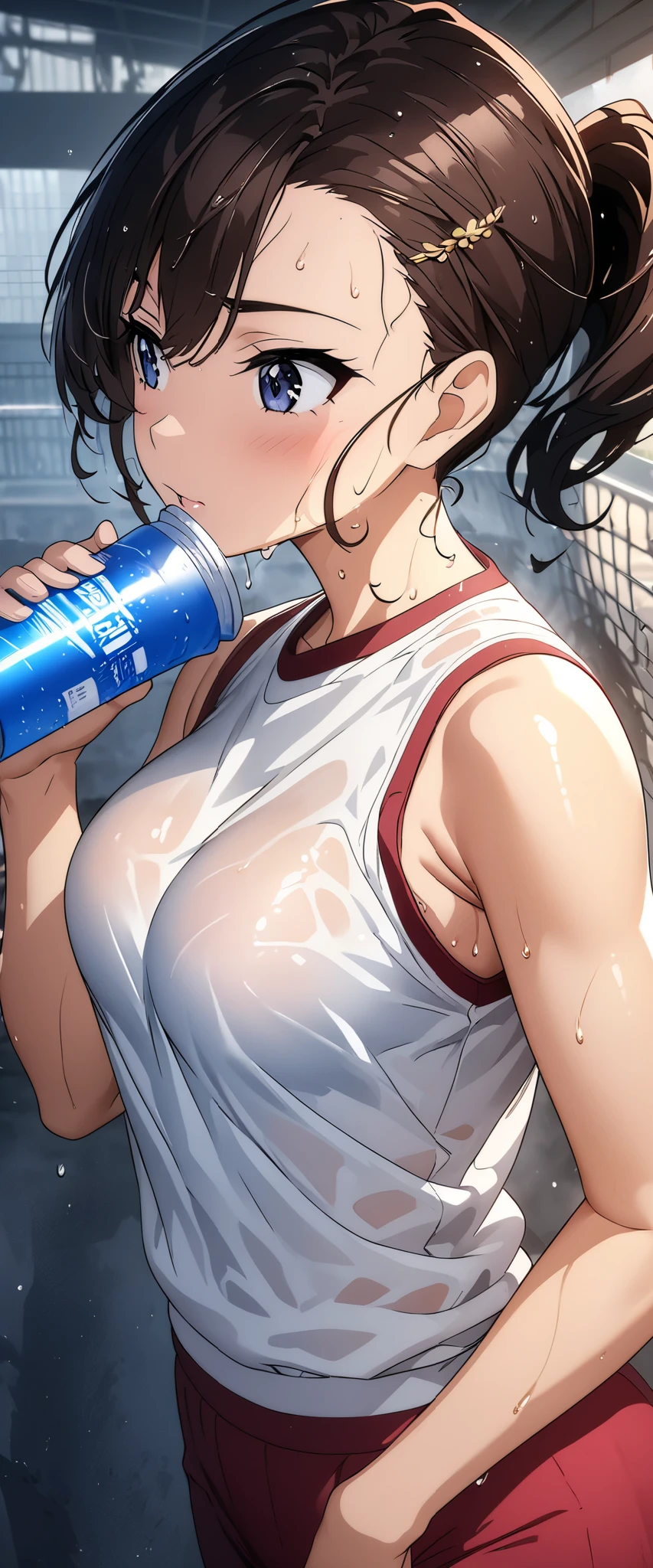 Master work, Ultra details, Well defined body. Girl, head back, looking up. arm raised, above her head, Cuepro in profile. She holds bottle of milk, bottle towards face. Mouth open, tongue out, topless. Milk for the body, Face of pleasure, orgasm