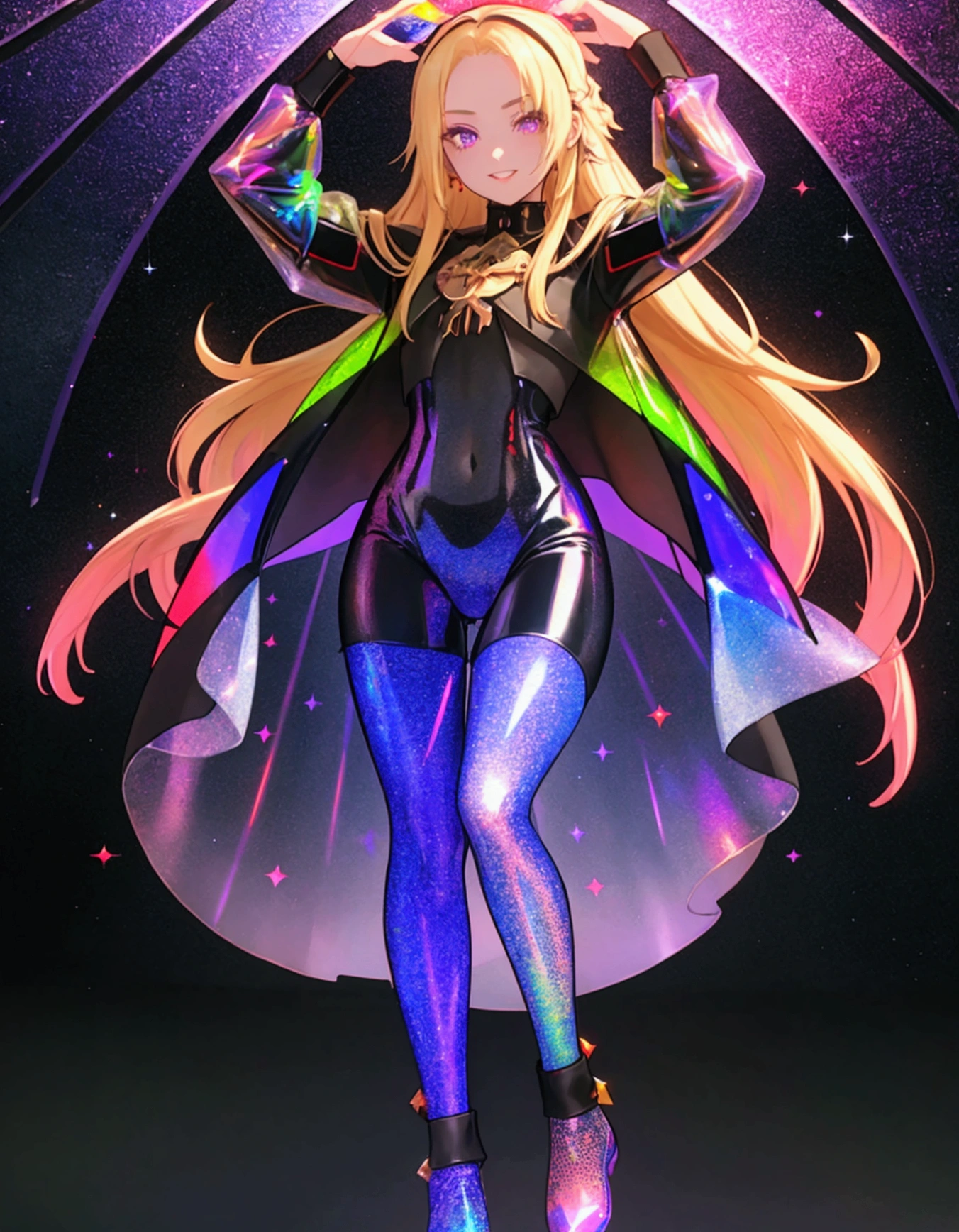 Carefully draw the face 5 year old girl High-quality faces in anime style a blond Shiny black full body suit Red lines all over the body seductiv a smile Morrigan Aensland Rear view