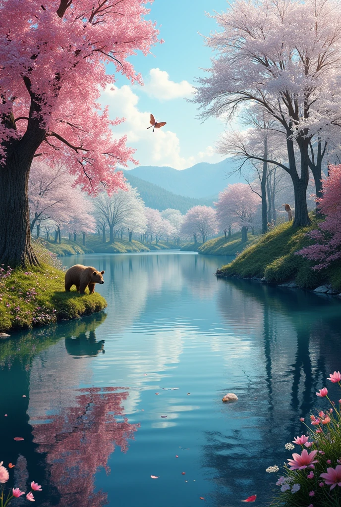 A serene lake reflecting the beauty of all four seasons-spring,summer,autumn,and winter-blended together in a fantasy setting.The scene is enchanting and surreal,with vibrant colors and realistic details that capture the essence of nature in a magical way.Include elements like blooming flowers in spring,falling cherry blossoms,lush greenery in summer,colorful foliage in autumn,and a light dusting of snow in winter,all harmoniously combined.Flower snowstorms,bears,rabbits,and butterflies,masterpiece,best quality,ultra detailed,8k portrait,highly detailed,highly detailed background,very detailed background