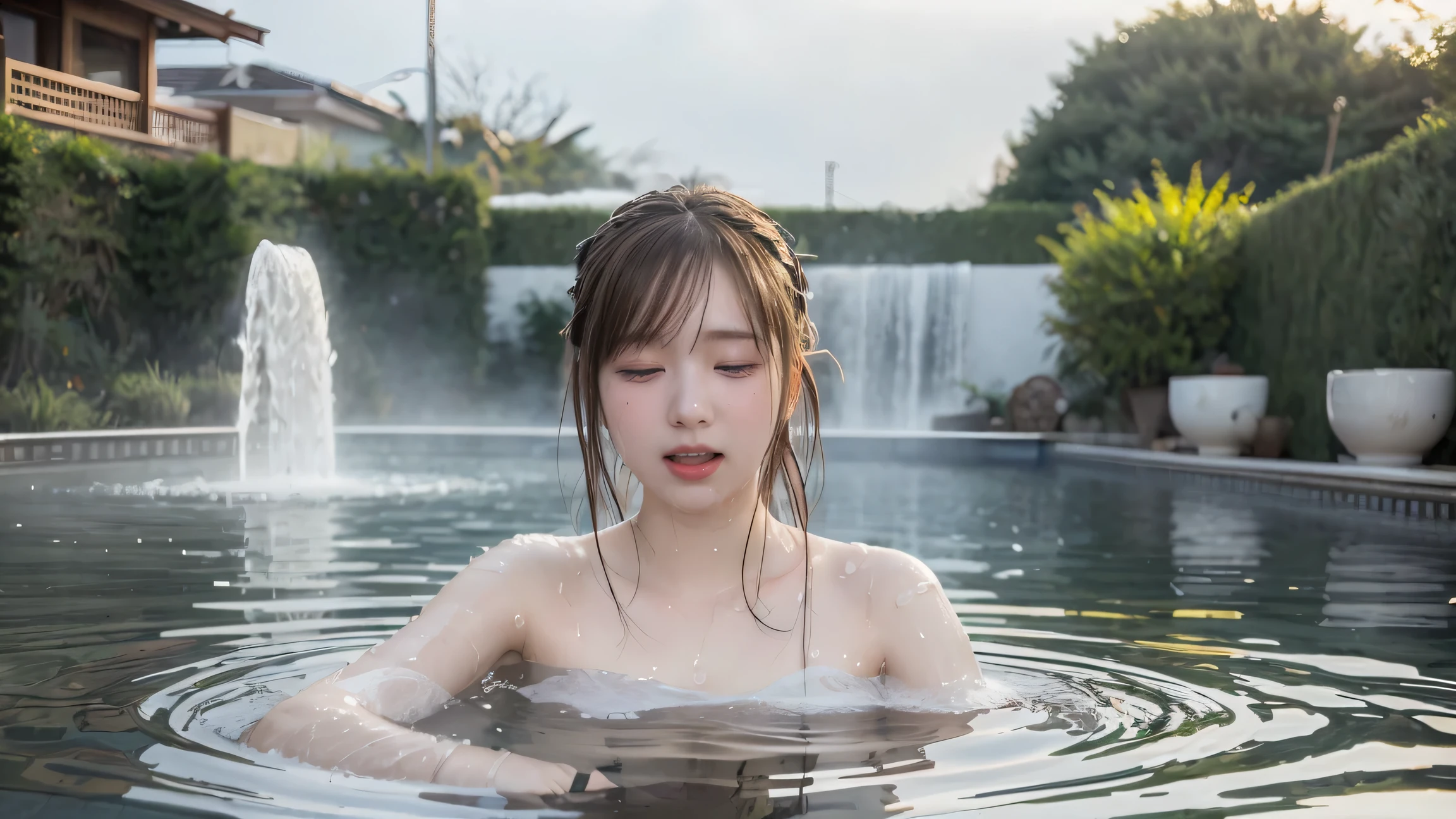 (  Masterpiece ), ( best quality:1.4), Ridiculous, [: intricate details :0.2],  1 girl, (Naked Towel), (FOUNTAIN, hot spring:1.2),   moisturized skin mouth , (fog:1.2), mist,  My skin is shiny,  GROWING SKIN, (partially submerged in the hot spring:1.2), (Wet hair:1.2), mist, Wet, moisture, full body shot