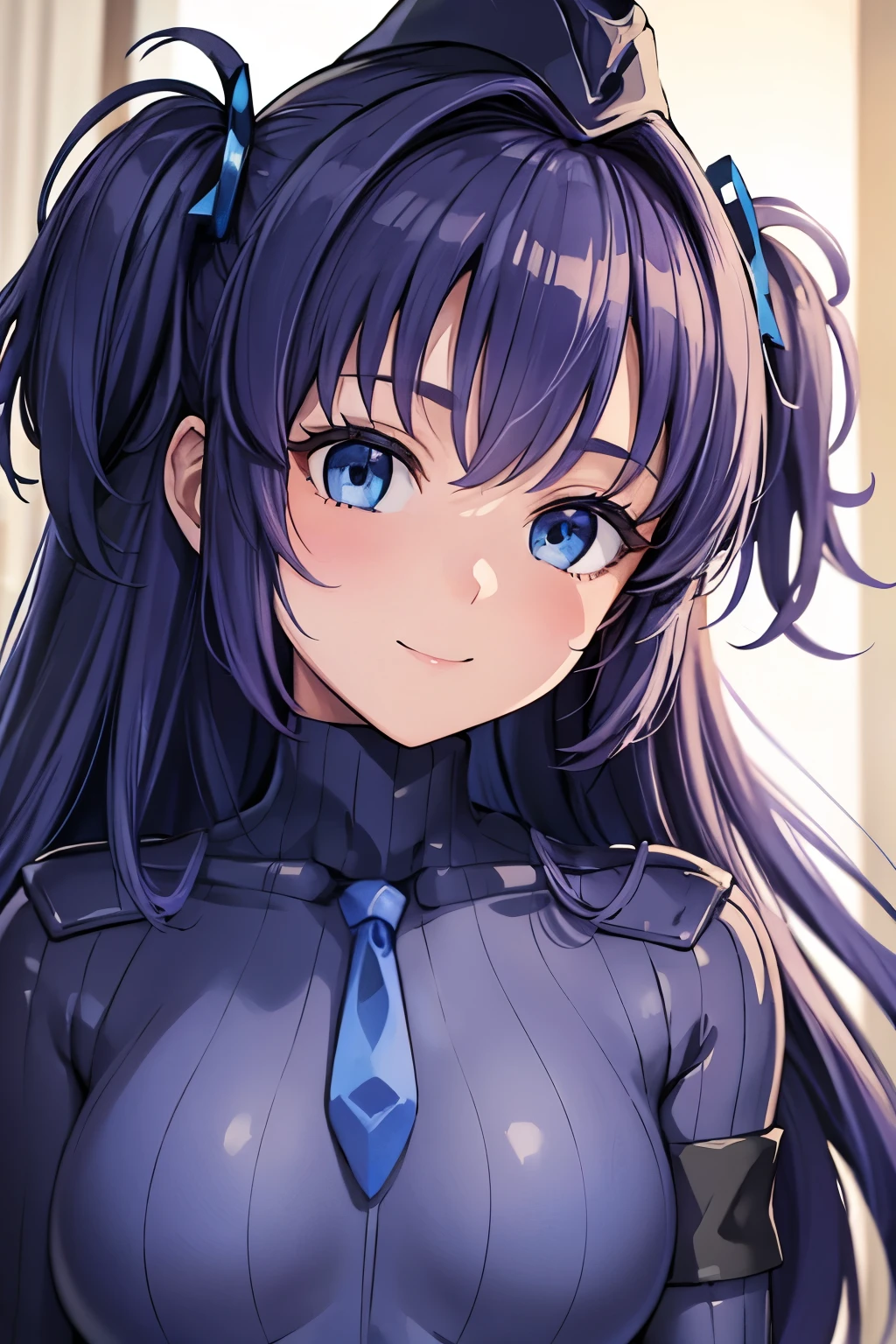 masterpiece, highest quality, (highest quality), (best illustrations), (high resolution),8k,face close up,on the bed, {{{masterpiece}}}, {{{best quality}}}, {{Super detailed}}, {{very delicate and beautiful}},smile,black DOLLSUIT,DOLLSUIT,{{{best quality}}}, {{Super detailed}}, masterpiece, highest quality, (highest quality), (best illustrations), 8k,{{{masterpiece}}}, {{{best quality}}}, {{Super detailed}}, {{{best quality}}}, {{Super detailed}}, face close up, yuuka, blue eyes,purple hair, two side up, long hair,