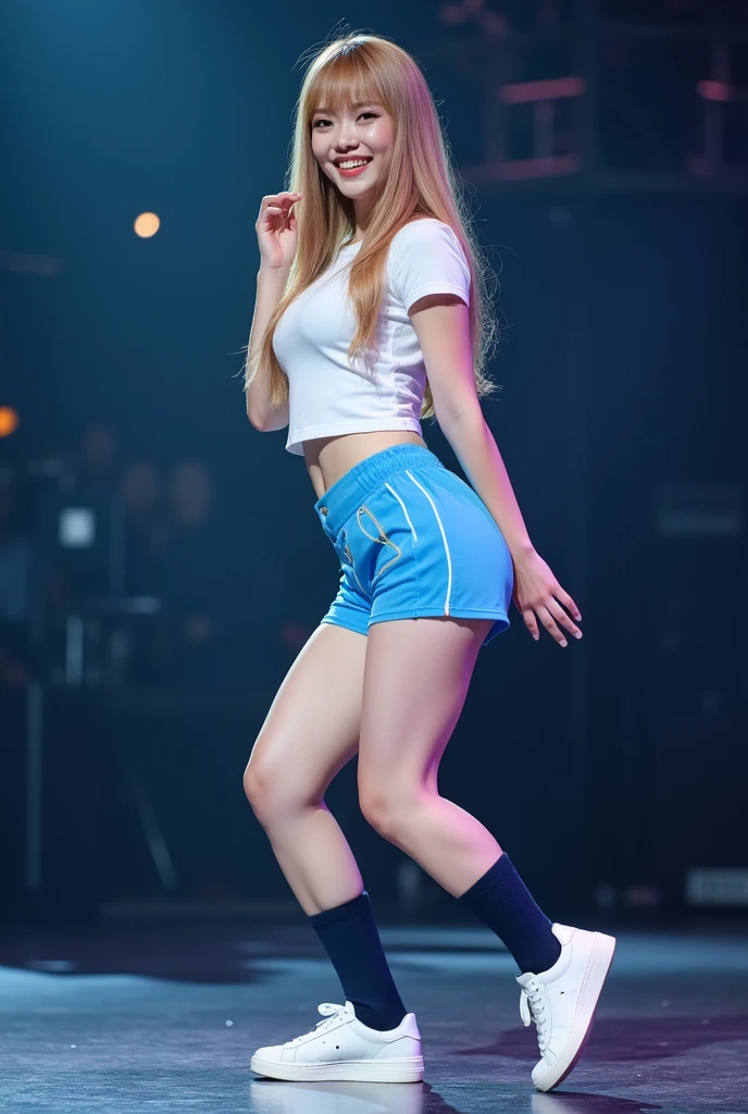 1girl, (Blue Eyes), laughing, ((Sana Minatozaki)), wide hips, big breasts, big butt, (Best Quality, 8k, Masterpiece: 1.3)), Clear Focus: 1.2, Perfect Body Beauty: 1.4 , Slim abs: 1.2, wet body: 1.5, highly detailed face and skin texture, detailed eyes, double eyelids, ponytails blonde hair, (white jean pants), (basketball jersey), look back, standing in the stands of a basketball stadium, basketball game background