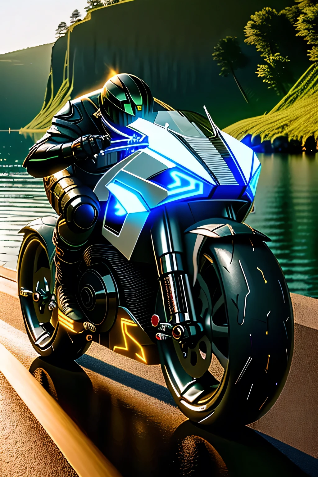zzfutbikzz
masterpiece, highly detailed photorealistic 8k raw photo, best cinematic quality, volumetric lighting and shadows
motorcycle, glowing, metallic, human on motorcycle, mecha motor rider style, reflective
lake background, vehicles behind