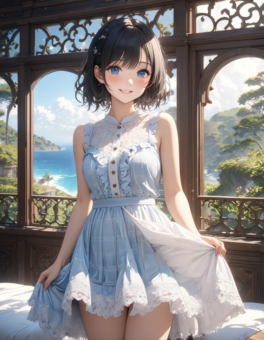 very cute and beautiful girl standing near window,(floral blue summer dress with detailed frills),sleeveless,detailed lace,(skirt lift,white panties), (highly detailed beautiful face),antique hotel bedroom with outside view,distant trees and ocean, cowboy shot,smile,blush,looking at viewer,medium hair,black hair, (best quality,masterpiece:1.2),absurdres,highres,ultra-detailed,extremely detailed,32k,8k resolution, intricate details,cinematic scene,detailed background,solo,dynamic angle, natural lighting,light particles,beautiful detailed sky, (realistic),