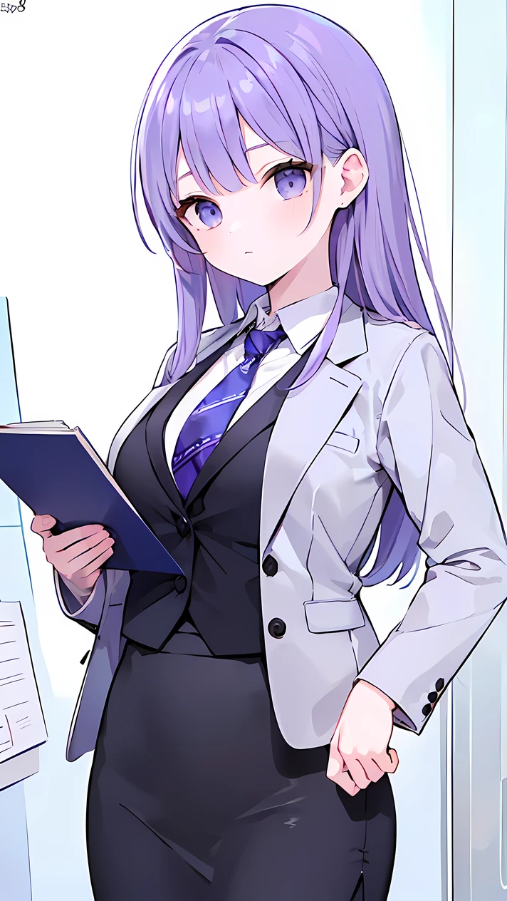 (((Best quality, 8k, Masterpiece: 1.3)), ((best quality)), ((masterpiece)), (detailed), perfect face, perfect body, (detailed skin:1.3), (intricate details), purple hair, low-braided long hair, Paisley tie, grey suit, Administrative Assistant, White-Collar Worker, Holding documents, meeting, Grey jacket, grey pencil skirt