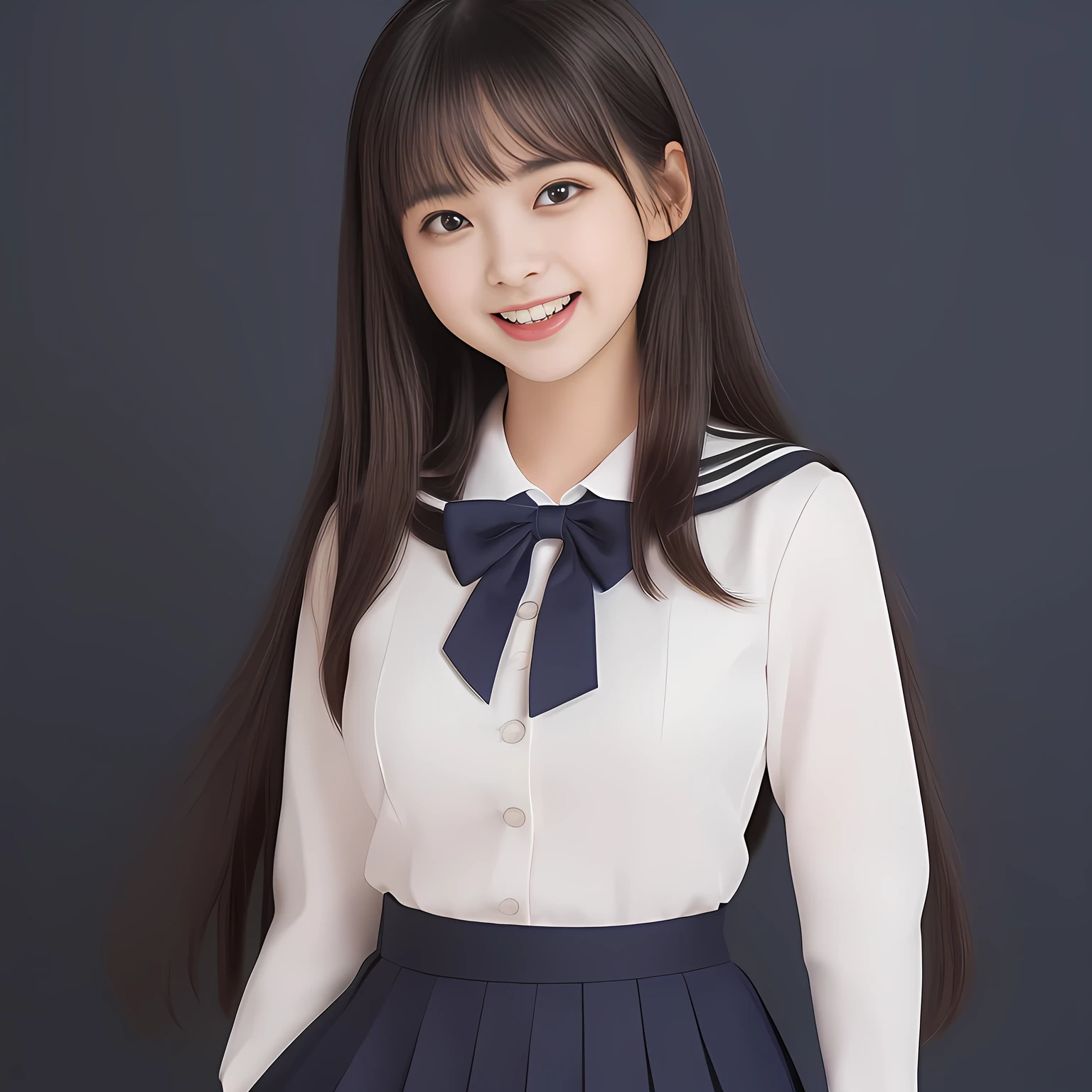 (Highest quality, masterpiece:1.2), Highest quality, High resolution, 1080P, 8k, (Two 13yo Japanese slender 清楚美少女アイドル are seated and give strong subliminal sexual invitation and temptation, undressing navy uniform, cute skirt with beautiful knees, looking at the viewer, can't stop showing cute smile open mouth because of feeling the viewer too ridiculous, very white-white face, very proud of her long straight black hair, using face-whitening cosmetics, 13yo 美少女's eyes, Small pupils, laughing giggling most open mouth, too expensive navy sailor-styled school uniform, well-straitened super-long well-trimmed long hair, evenly neatly trimmed girly cute bangs: 1.5), (Laughing blushed cheeks with dimples), (Well-balanced, impressive, very intelligent, double-eyelids, black shining large eyes of 13yo 美少女 with detailed: 1.5), ((Beautiful well-figured glossy opened laughing lips: 1.2)), (mature breast), (The viewer is forced to madly kiss her breast ribbon), (Very beautiful, super-glossy, cute neat black amazingly long hair, straight well-done long hair-style: 1.3), (plain blue background: 1.6), (((Completely balanced beautiful big cool eyes: 1.3))), (eyes, face and hair are especially beautifully detailed and beautifully drawn: 1.5), (She makes the viewer drink her love ribbon: 1.2), (the viewer become crazy and can't stop bursting and running every liquid to 清楚美少女, 美少女 is surprised : 1.7), (School uniform, too-cute slender 13歳 super-long-hair Japanese 童顔美少女 idol twins are laughing at me and unties the breast button and make the viewer drink it: 2.0), (Super long hair super-beautiful 美少女 super-cute face navy-sailor-suit school-uniform pretty slender 美少女 of 美少女 photo magazine in the 1990s: 2.0), (Inevitable subliminal temptation force the viewer fall into eternal deep deep unreal pleasure of 童顔清楚美少女の催眠魔法: 2.0)