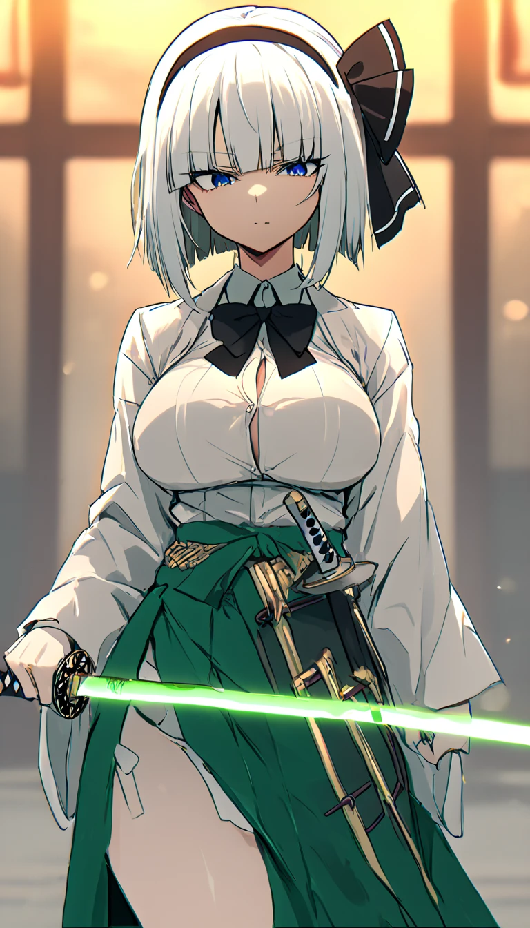 konpaku youmu, 1girl, white hair, short hair, blunt bangs, blue eyes, newest, highres, absurdres, highly detailed, best quality,
iaidou,weapon, katana, holding sword, ready to draw, sheathed, unsheathing, scabbard,
hairband, hair ribbon, black ribbon, black bowtie, white shirt, collared shirt, green vest, green skirt, socks, katana
dim body, pointy breasts, curvy, no curves, narrow hips,
score_9, score_8_up, score_8,source_anime,