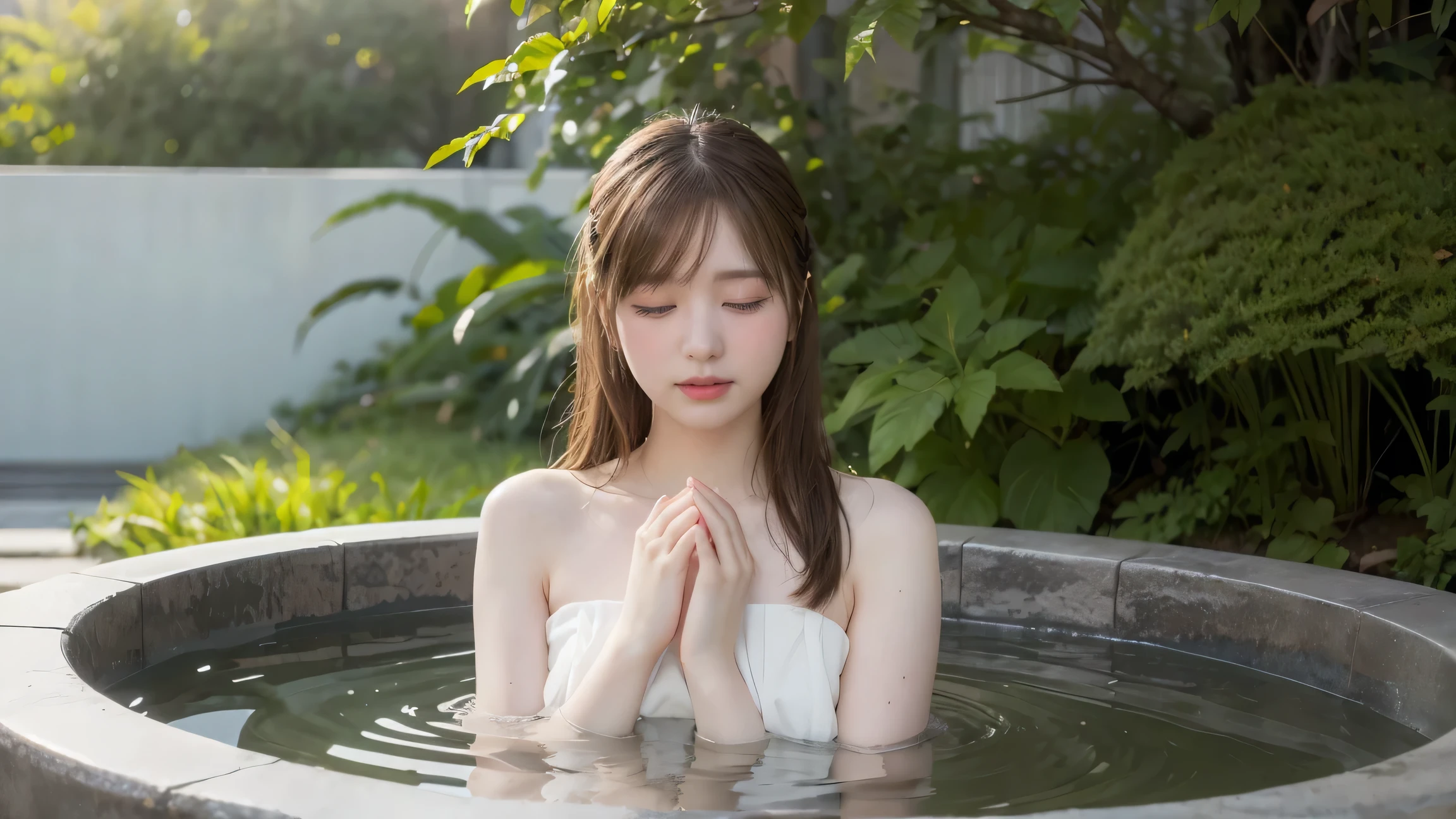  best quality、High image quality、long haired young woman,  It's in an outdoor hot spring {x}  and she had a small white towel covering her body with one hand,  slightly open chest ,  Foggy leaves は , Warm water.  She was soft with chrome accents  ,  gentle expression.  Foggy leaves があります ,   have lush, natural  ,  Foggy leaves  , Peaceful ,   give the scene a serene  .  The lighting is natural ,   gives the scene a spa-like vibe  ,  green plants and soft  ,   fresh vibe diffused by the fog  .