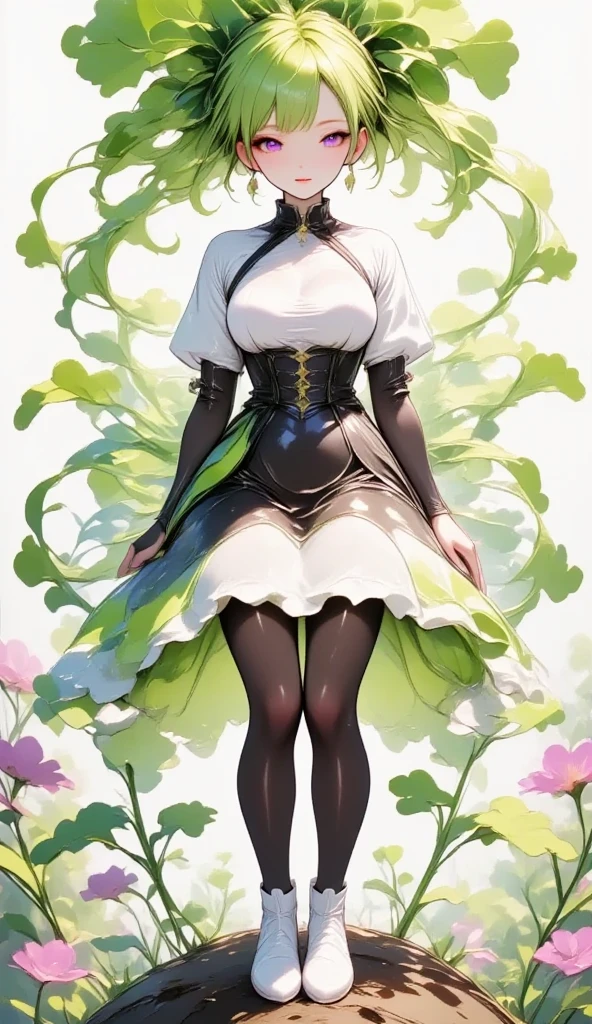  young beautiful woman in costume with white radish motif,( best quality, very detailed depiction , incredibly absurd high definition ),(Black and white gothic maid outfit,Maid Skirt, corset,latex, black tights,White boots),(green hair like radish leaves :2.0,Purple Eyes, half closed his eyes :2.0, grumpy expression:2.0,Black lips:2.0,Heavy makeup, big breasts, shiny skin), full body image :2.0, side view:2.0,profile:2.0,background:Castle, Bright Atmosphere , dramatic lighting ,