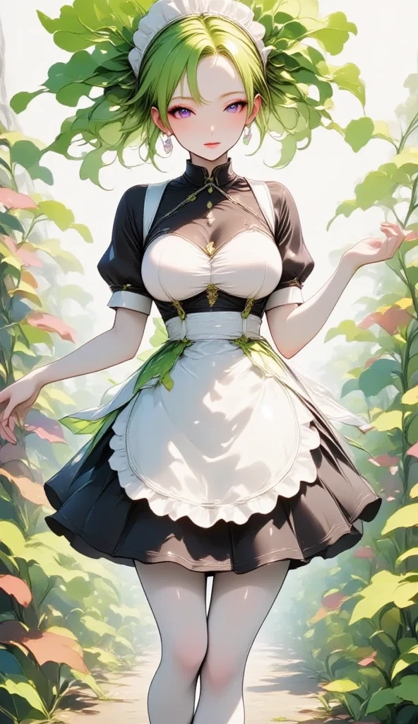  young beautiful woman in costume with white radish motif,( best quality, very detailed depiction , incredibly absurd high definition ),(Black and white gothic maid outfit,Maid Skirt, corset,latex, black tights,White boots),(green hair like radish leaves :2.0,Purple Eyes, half closed his eyes :2.0, grumpy expression:2.0,Black lips:2.0,Heavy makeup, big breasts, shiny skin), full body image :2.0, side view:2.0,profile:2.0,background:Castle, Bright Atmosphere , dramatic lighting ,