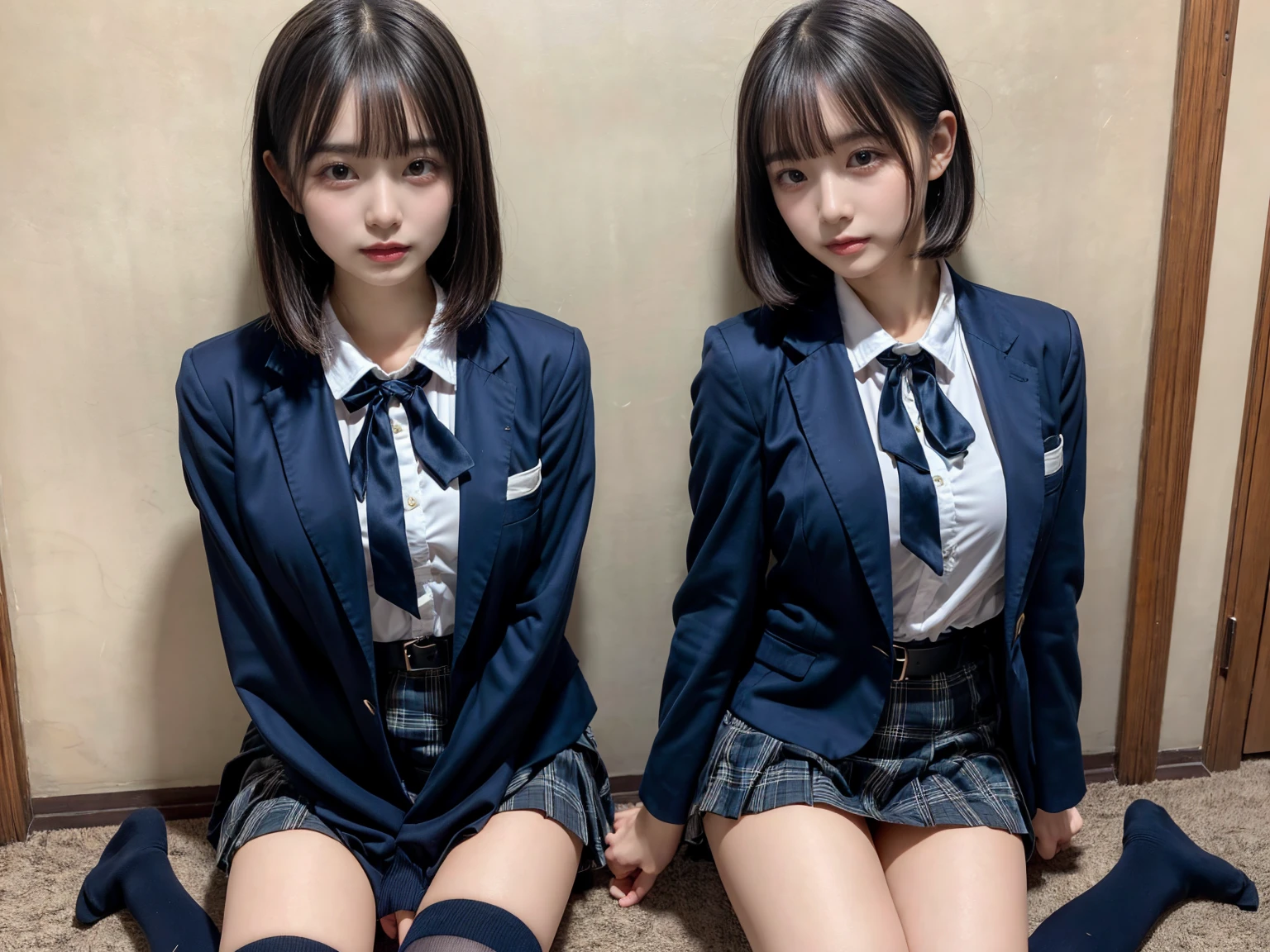 (8K, Raw photography, top-quality, masterpiece:1.2), master piece, best quality, illustration, Super detailed, fine details, High resolution, 8K,wall paper, perfect dynamic composition,(Details High quality, realistic depiction of eyes:1.3), ((2 girls, 2 schoolgirls)), The background is a luxury hotel room、High school girl uniform、blazer 、Super Short Check Uniform Skirt、Navy blue high socks、garterbelts、Colossal tits、Disturbed uniform, Play with each other,Touching each other's bodies,Touching the body of the girl next door, short bob hair, black hair color, huge breasts, Big Natural Color Lip, bold sexy pose, (perfect body shape), crying a little、cold gaze, Beautiful makeup,glitter makeup,Cutest 18 years old, beautiful legs, hposing Gravure Idol, Voluptuous thighs