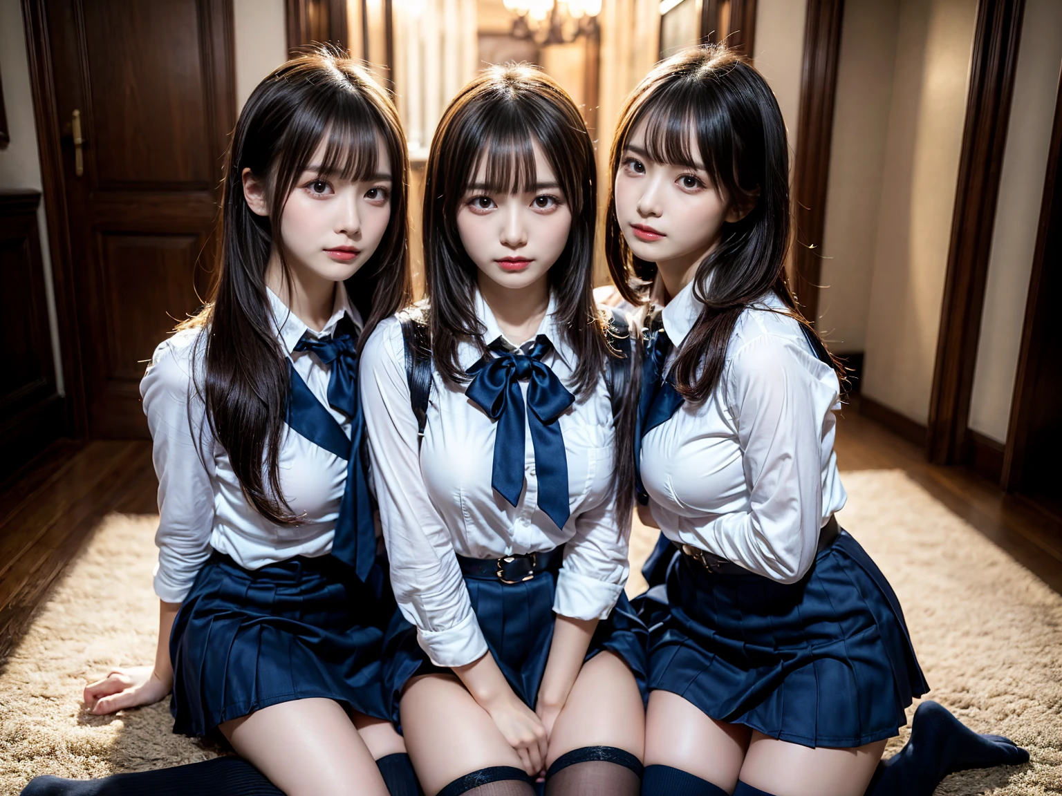 masterpiece, top quality, full body, bangs, black choker, 2girls, lilies, Lesbian kiss, kiss, (black hair), long hair, hug, cleavage, bountiful breasts, gym clothes, navy blue bloomers, slim, see-through, micro mini skirt, pleated skirt, loli, little girl,