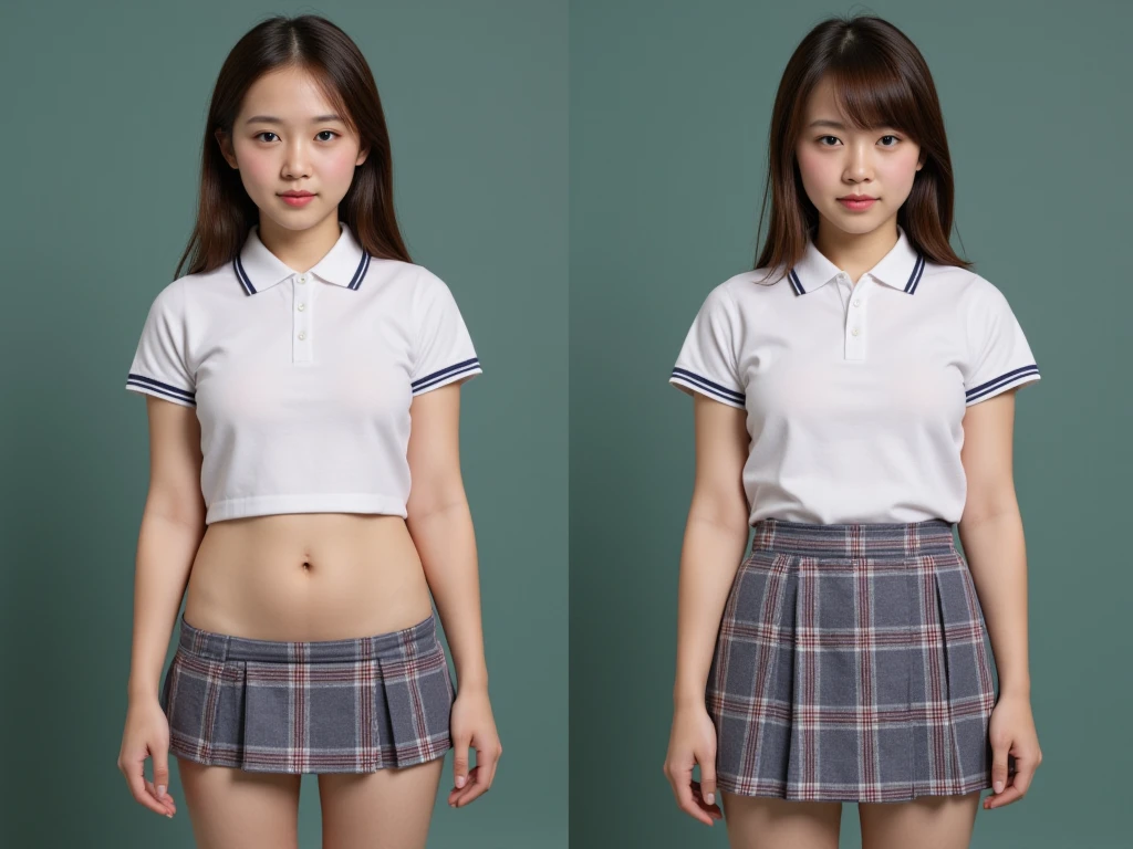 (realistic,photorealistic,photo-realistic 1.37),(2 views:1.4),(1 view is wearing uniform,another view is undressing),a beautiful young school girl,beautiful japanese idol,perfect style,beautiful face and eyes,(polo shirts:1.2),(plaid skirt:1.2),navy socks,detailed face and eyes,beautiful girl,photorealistic,detailed texture,4k,8k,highres,(masterpiece 1.2),ultra-detailed,hdr,uhd,ultra-fine painting,full body,upper body is undressed,saggy breast,at classrooms