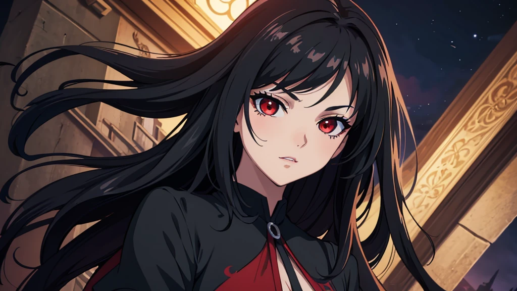 High quality image, best quality, extremely detailed CG Unity 8k, wallpaper, masterpiece, ultra-detailed, superfine illustration, beautiful and detailed face, beautiful and detailed eyes, one person, a beautiful vampire girl with long black hair and red eyes wearing a black gothic dress with red props in a medieval castle at night, full body art.