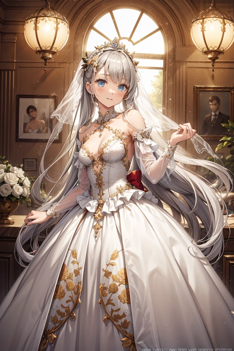 (masterpiece:1.2, best quality), (finely detailed beautiful eyes: 1.2), highres, (beautiful detailed face), (1girl:1.2), BREAK
A character in a red and white dress with gold ornaments stands in front of a red curtain and a window with gold ornaments. The dress is gorgeous and refined, with a multi-layer structure. The character has long and flowing hair with flowers on it, and wears gloves. She has a noble and fragile trait. The light from the window creates a fantastical atmosphere, and the curtain and the window are carefully drawn. The image has a warm tone.