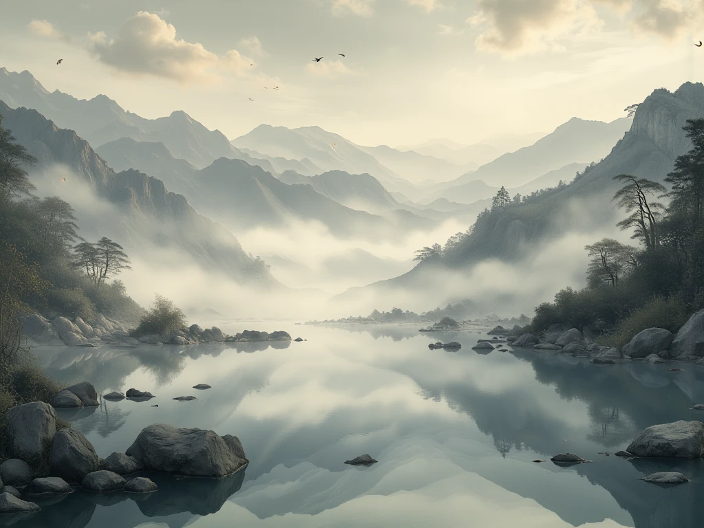 A tranquil and ethereal lake scene portrayed in the style of a hyper-realistic Chinese ink wash (shuimo) painting. The foreground features crystal-clear water, meticulously rendered with soft, flowing ink strokes, showing subtle reflections of rocks and smooth stones beneath the surface. The rocky shores blend naturally into the serene composition. The background is filled with undulating mountain ranges, fading into layers of mist, skillfully crafted with gradients of ink to add depth and a sense of mystery. Gentle sunlight filters through scattered clouds, depicted with delicate washes and splashes of ink, creating radiant beams that illuminate the misty atmosphere. The overall scene captures a harmonious balance of nature, using traditional shuimo techniques with hyper-realistic details. The composition emphasizes the

Dramatic chiaroscuro lighting, rendered in a monochromatic ink wash style, highlights her features and grace. Subtle gradients mimic golden hour sunlight streaming through tall windows, merging with ethereal bioluminescence emanating from mysterious floating artifacts. The delicate textures of her gown and accessories are emphasized, blending the intricate patterns of traditional ink wash art with photorealistic details.

Camera angle: Just below eye level, creating an imposing yet elegant presence. Depth of field is represented by sharp focus on the Countess, with the background fading into soft, mist-like ink gradients. Post-production includes glowing outlines, inverted colors, and elements of traditional shuimo-painting techniques, adding a fantastical aura.

The composition integrates the historical realism of high East Asian aristocratic fashion with subtle elements of fantasy, capturing the contrast between her graceful nobility and the surreal, mystical environment. This image embodies both a masterpiece of ink wash artistry and an alternate reality where magic and tradition coexist, emphasizing elegance, mystery, and boundless imagination.