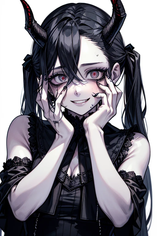 (masterpiece:1.2, Highest quality), (Actual Photos, Intricate details), (1 female, alone, Small breasts) ,Distorted facial expressions、Blood splatter、Cuts on the face、burns on the face、whole body、Punk Fashion、Long Hair、Long Bangs、Twin tails、Black Hair、(((Dark circles under the eyes)))、Pale skin、Pathological、Wicked Smile、Crazy Eyes、(Grin)Dramatic makeup,Create mixed media art、White Background