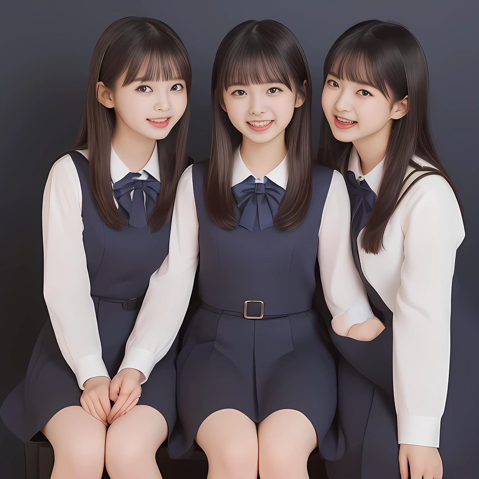 (Highest quality, masterpiece:1.2), Highest quality, High resolution, 1080P, 8k, (Two **** Japanese slender 清楚美少女アイドル are seated and give strong subliminal sexual invitation and temptation, undressing navy uniform, cute skirt with beautiful knees, looking at the viewer, can't stop showing cute smile open mouth because of feeling the viewer too ridiculous, very white-white face, very proud of her long straight black hair, using face-whitening cosmetics, **** 美少女's eyes, Small pupils, laughing giggling most open mouth, too expensive navy sailor-styled school uniform, well-straitened super-long well-trimmed long hair, evenly neatly trimmed girly cute bangs: 1.5), (Laughing blushed cheeks with dimples), (Well-balanced, impressive, very intelligent, double-eyelids, black shining large eyes of **** 美少女 with detailed: 1.5), ((Beautiful well-figured glossy opened laughing lips: 1.2)), (mature breast), (The viewer is forced to madly kiss her breast ribbon), (Very beautiful, super-glossy, cute neat black amazingly long hair, straight well-done long hair-style: 1.3), (plain blue background: 1.6), (((Completely balanced beautiful big cool eyes: 1.3))), (eyes, face and hair are especially beautifully detailed and beautifully drawn: 1.5), (She makes the viewer drink her love ribbon: 1.2), (the viewer become crazy and can't stop bursting and running every liquid to 清楚美少女, 美少女 is surprised : 1.7), (School uniform, too-cute slender 13歳 super-long-hair Japanese 童顔美少女 idol twins are laughing at me and unties the breast button and make the viewer drink it: 2.0), (Super long hair super-beautiful 美少女 super-cute face navy-sailor-suit school-uniform pretty slender 美少女 of 美少女 photo magazine in the 1990s: 2.0), (Atmosphere and all the symbols are Inevitable subliminal temptation which force the viewer fall into eternal deep deep unreal pleasure of 童顔清楚美少女の催眠魔法: 2.0)