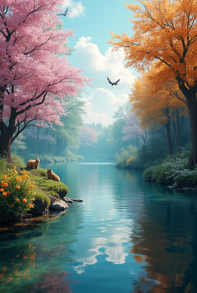 A serene lake surrounded by a blend of all four seasons,with elements of fantasy and surrealism.The scene is vibrant and realistic,showcasing vivid colors of spring blooms,summer greenery,autumn leaves,and winter snow.Include ethereal lights and mystical creatures,creating a dreamlike atmosphere.A serene lake reflecting the beauty of all four seasons-spring,summer,autumn,and winter-blended together in a fantasy setting.The scene is enchanting and surreal,with vibrant colors and realistic details that capture the essence of nature in a magical way.Include elements like blooming flowers in spring,falling cherry blossoms,lush greenery in summer,Flower snowstorms,bears,rabbits,and butterflies,Giant fish,geese,ducks,colorful foliage in autumn,and a light dusting of snow in winter,all harmoniously combined.masterpiece,best quality,ultra detailed,8k portrait,highly detailed,highly detailed background,very detailed background