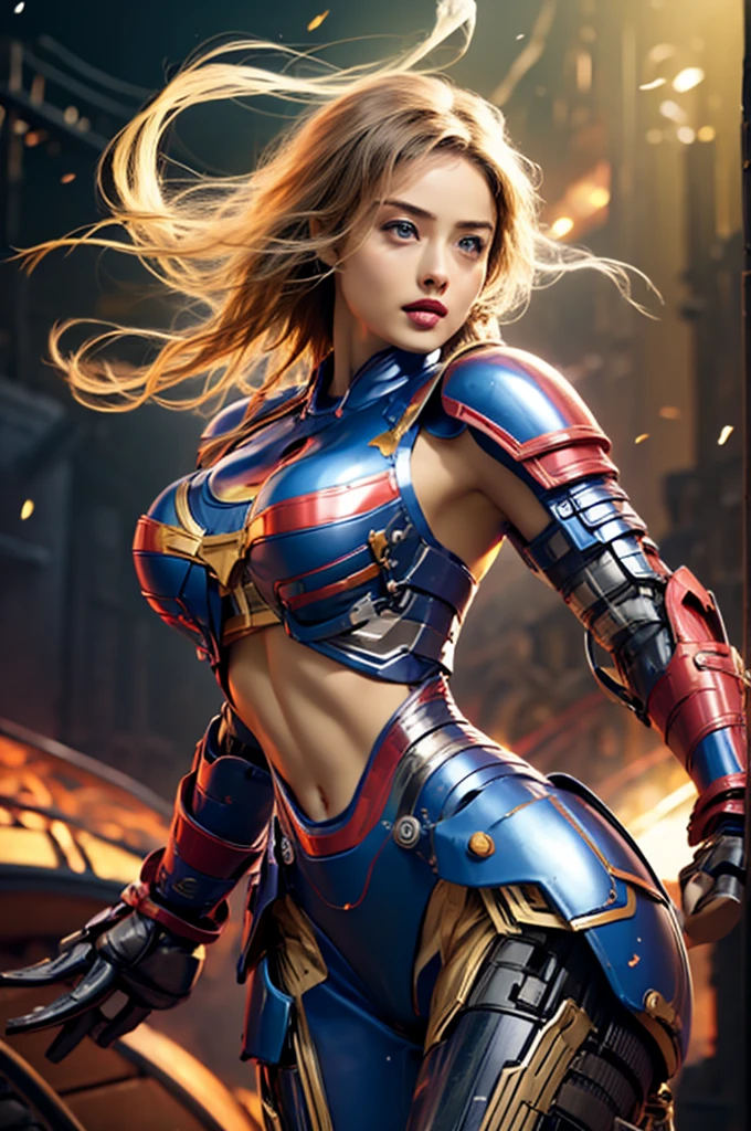  1 mature woman having a fight,photorealistic,  high definition , Soft light,1 Female, Alone,  Hip Up, ( detailed face ), blue sky,  Metallic Red Mechanical Armor, Silver Plated Machine Parts ,  big enough to stick out of her body ,  Hard erect pink nipples ,  tight waist with abs , Big round butt ,  Beautiful Pink Pussy , Groomed pubic hair,  beautiful balanced body line ,  round, egg-shaped, smooth face line , Full size shot, The abdomen and thighs are exposed from armor, Anatomically correct , 