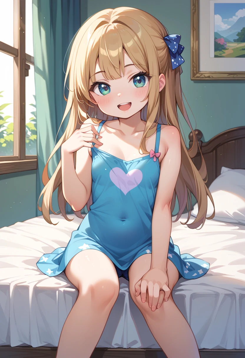 (( best quality)), ((masterpiece)), (be familiar with),  perfect face, indoor, bedroom,  viewer,
One woman,  Gamemun Neko ,
 open mouth,  ecstatic expression with hands in front of body, blush, smile,
Small breasts,  flat chested, Young girl, Lori,  kids,  girl,
 long hair,  Long Hair,
Leg spread,