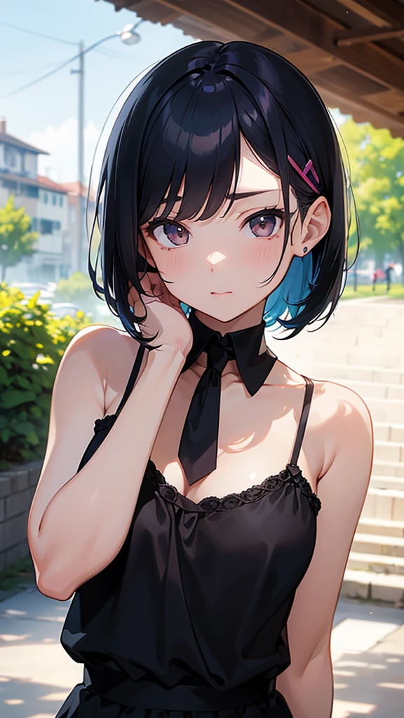 masterpiece、((Focus on the face))、(Full Body Shot、Full-body photo including face)、((Symmetrical facial features))、OL、Eye for detailed depiction、beautiful girl、Excellent style、Slender body、(Small Ass、Thin thighs）、（Laugh shyly、Watery eye）、Peplum。Patent leather long skirt、pantyhose、(High heels、Anklets of the same color）、Full-body photo、Handbag in one hand、Head to toe photos、Please tell me more about your face、Small earrings、necklace、Walking inside the Senbon Torii gates of Fushimi Inari Taisha Shrine、High Angle、The subject is far away、Shallow depth of field、Wide-angle focal length、Upward glance、Black straight short hair、Strong crosswinds
